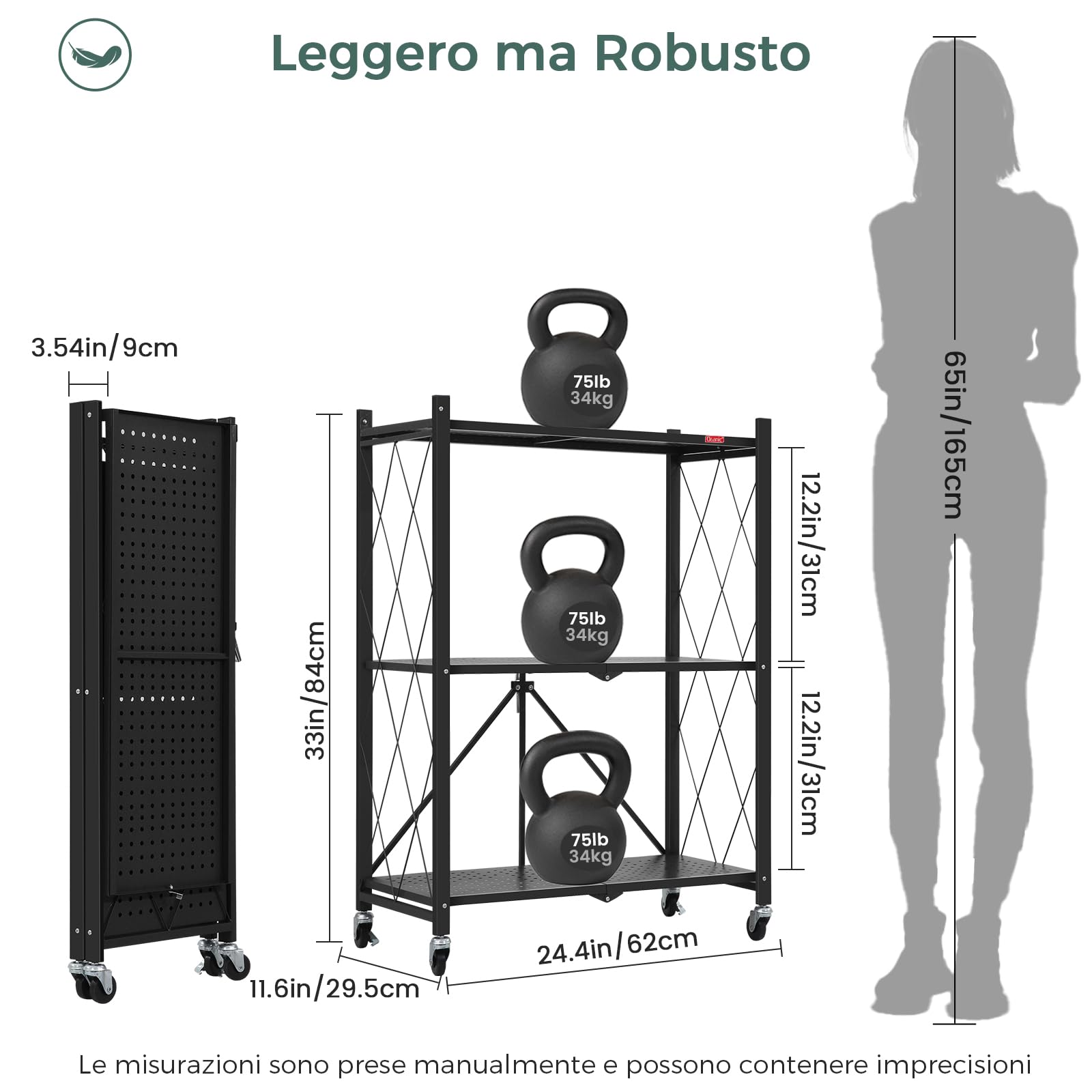 DEANIC Folding Storage Shelves scaffale metallo nero 3 ripiani