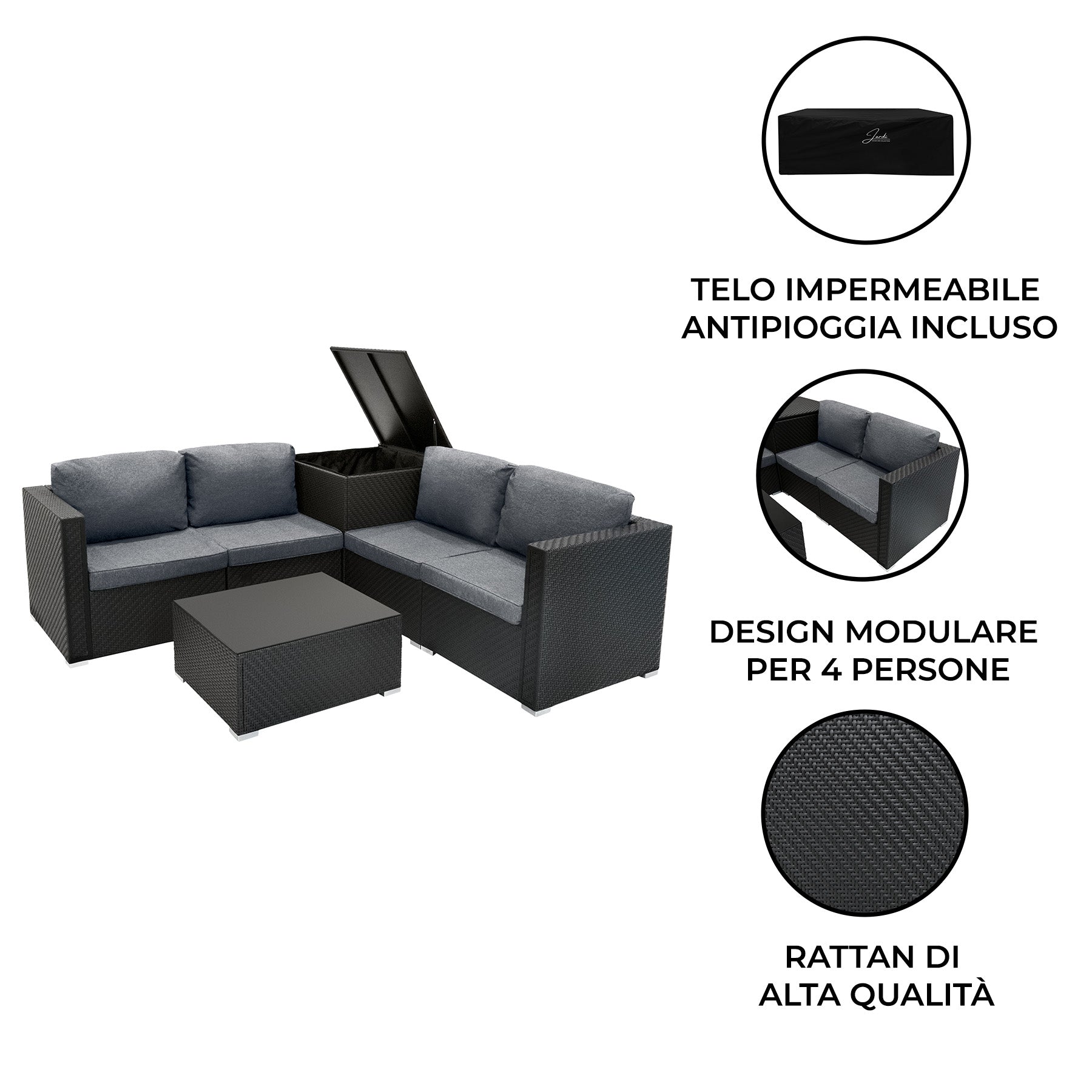 Q-Rax Set Mobili Giardino 6 Pezzi Rattan Nero con Baule