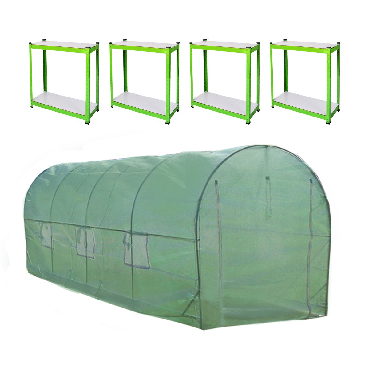 Q-Rax Serra Tunnel Giardino 5x2m 19mm con Scaffali Copertura PE