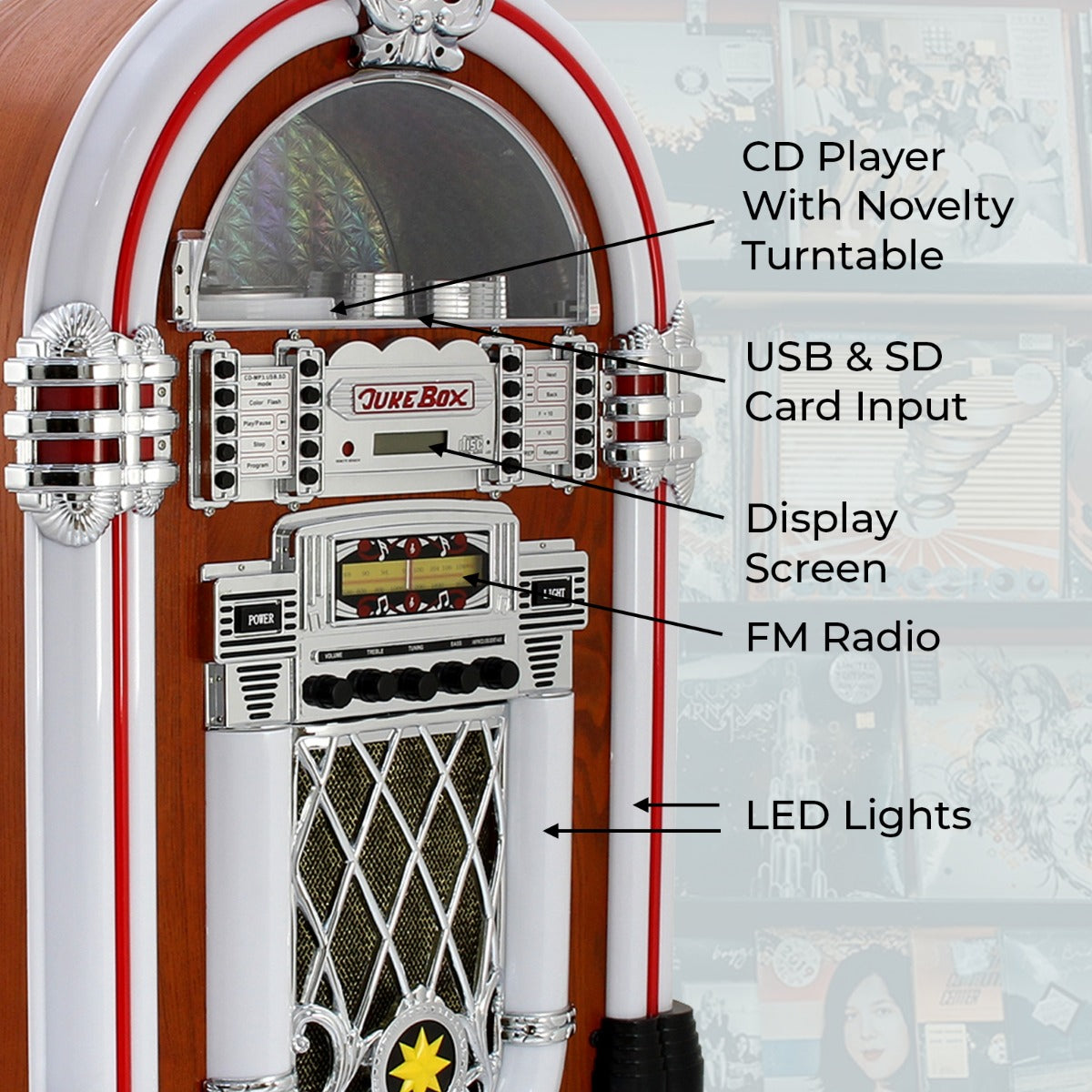 Q-Rax Jukebox Anni 50 CD USB SD Radio Bluetooth Aux Pavimento