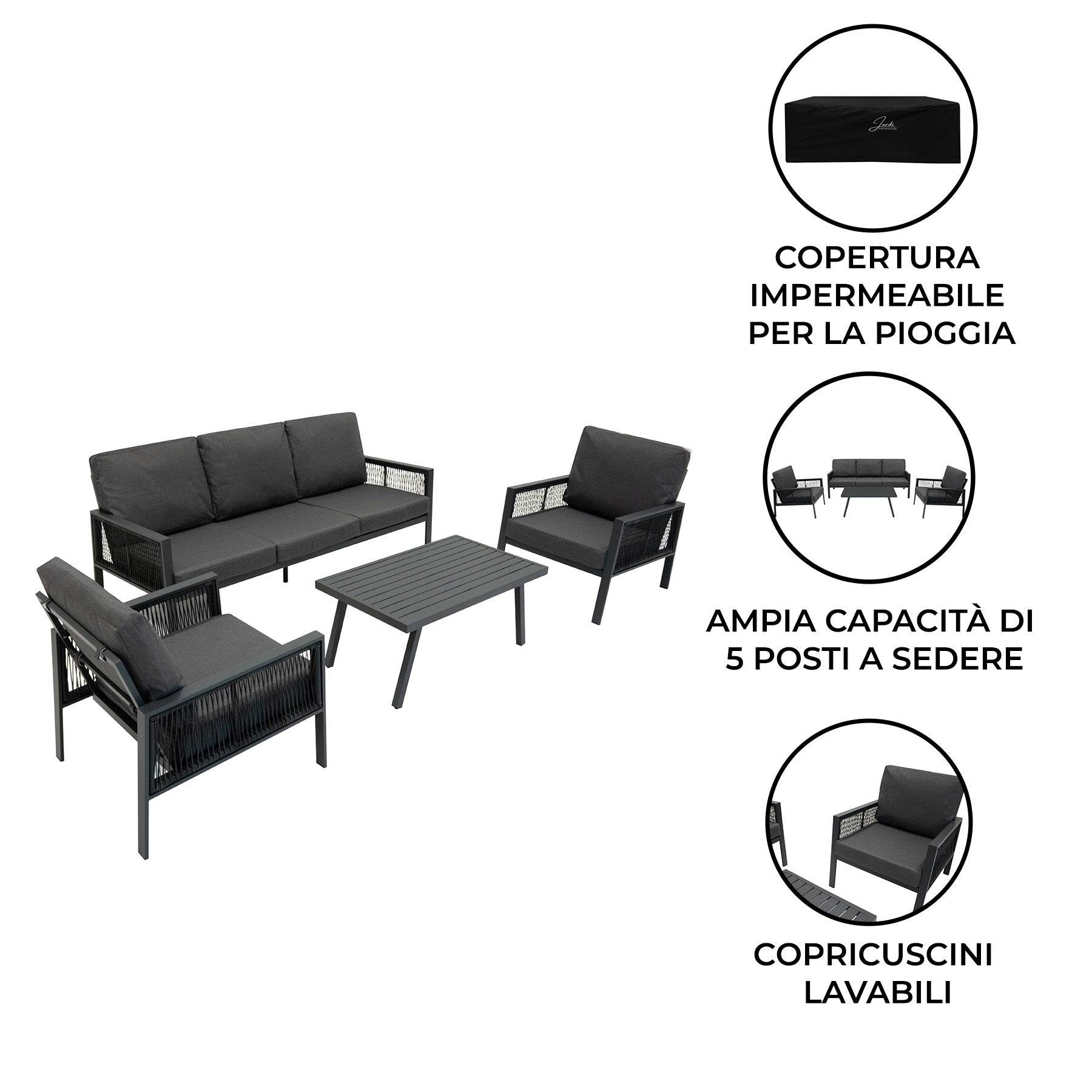 Q-Rax Set divano giardino alluminio antracite 4 pezzi cuscini