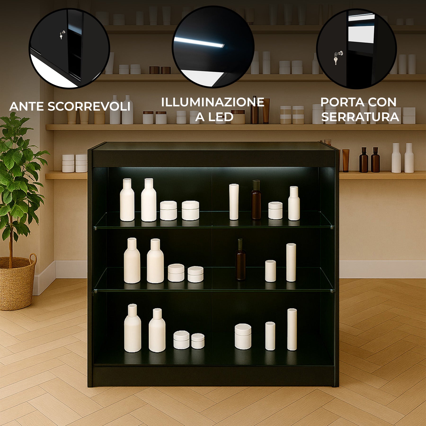 Q-Rax Banconi da Negozio bancone LED K900 nero vetrina vetro