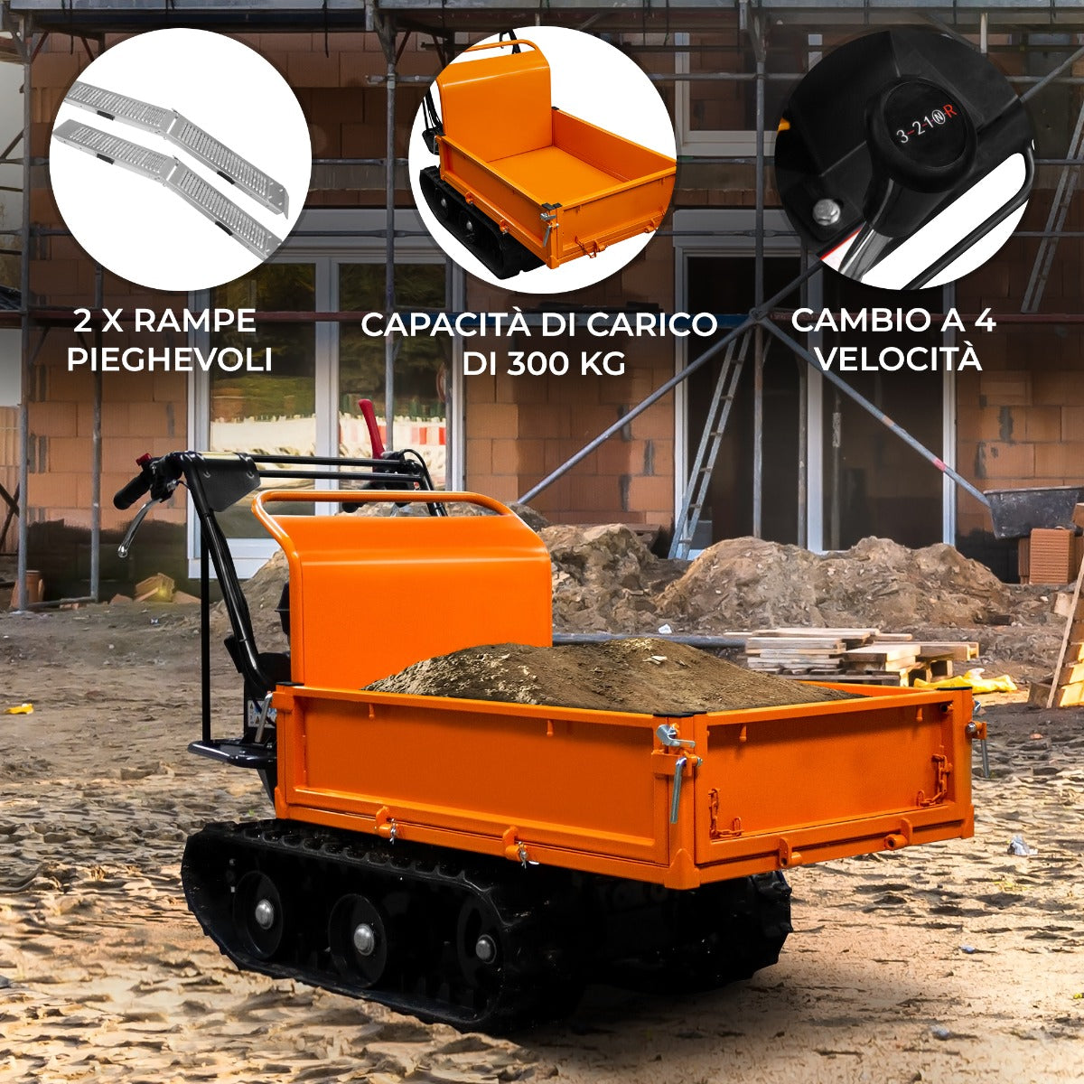 Q-Rax Mini Dumper Cingolato Benzina 300 Kg 6.5HP