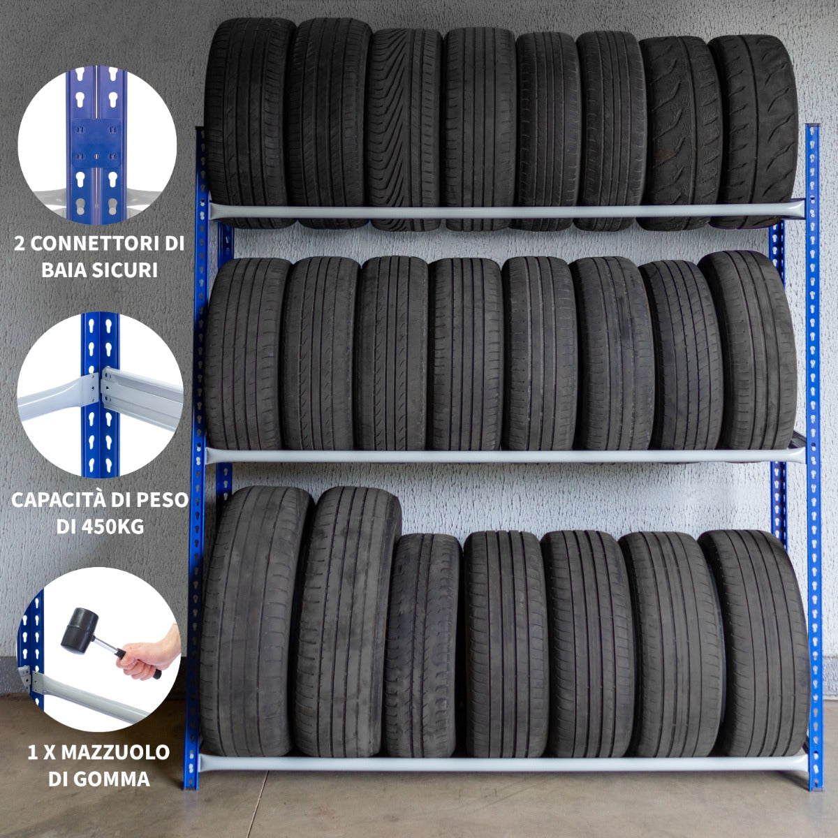 Q-Rax Scaffale Porta Pneumatici Garage 3 Livelli Blu 120Kg
