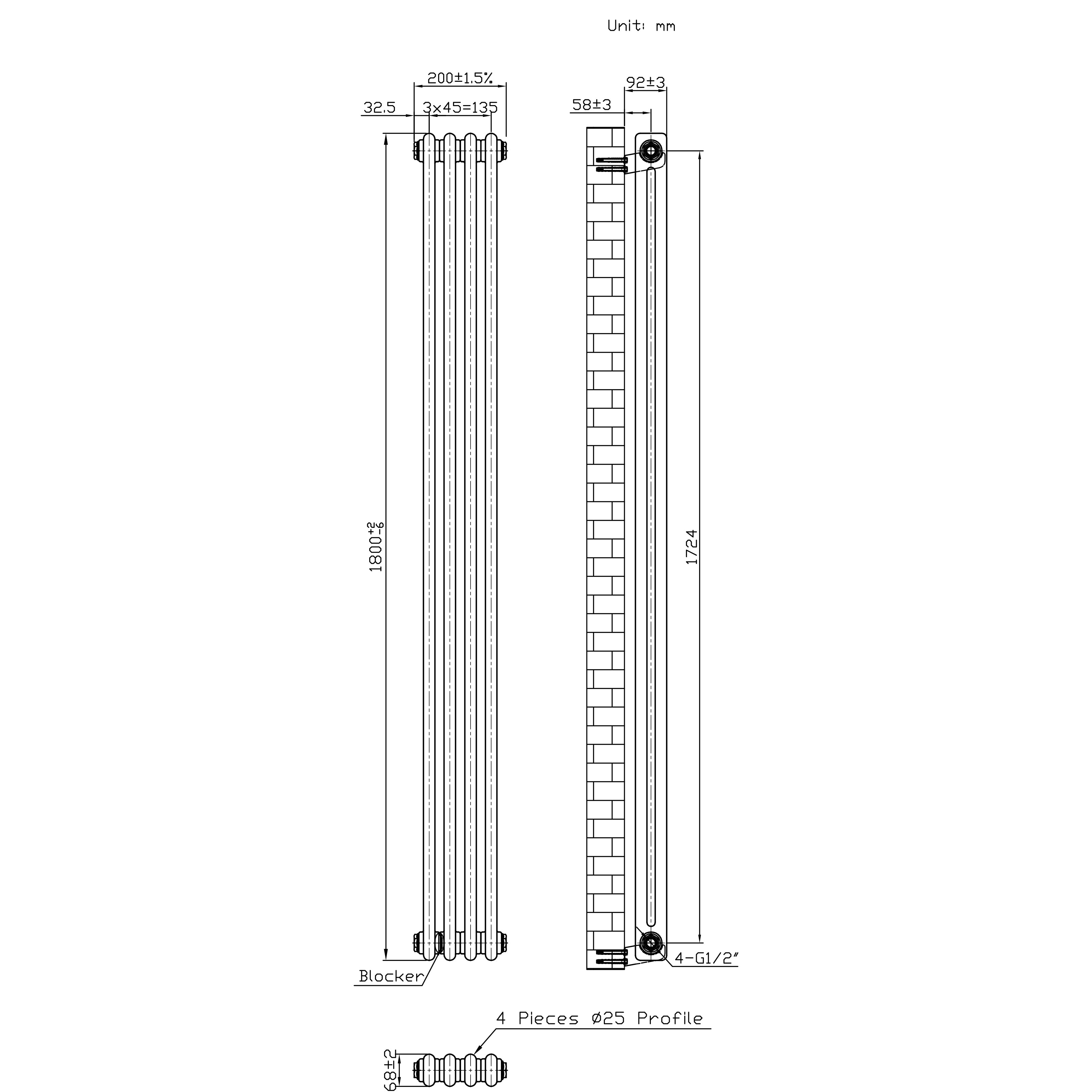 Q-Rax Radiatori Tradizionali 1800x200 Radiatore Metallo Grezzo