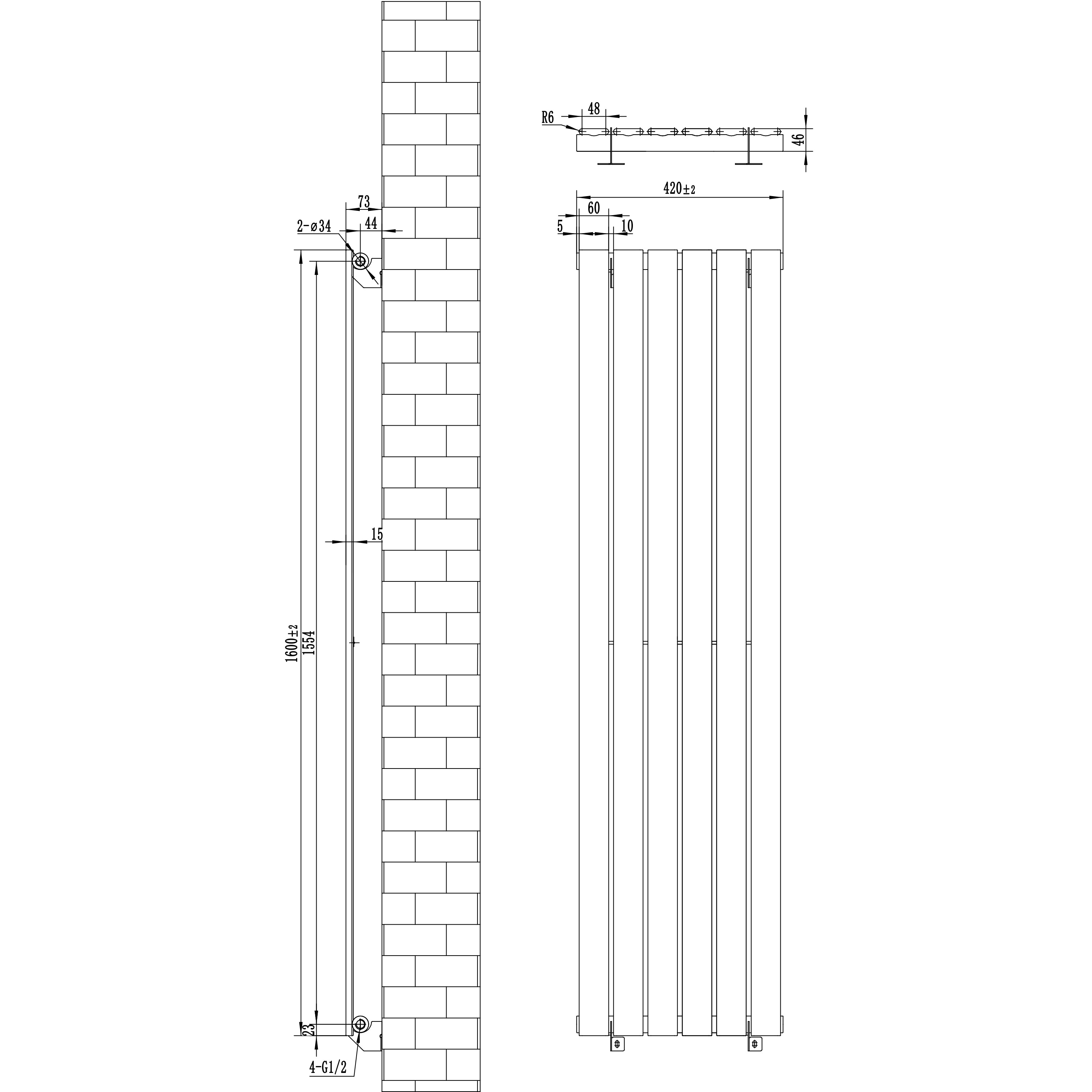 Q-Rax Radiatore Verticale 1600x420 Nero a Colonna Singola