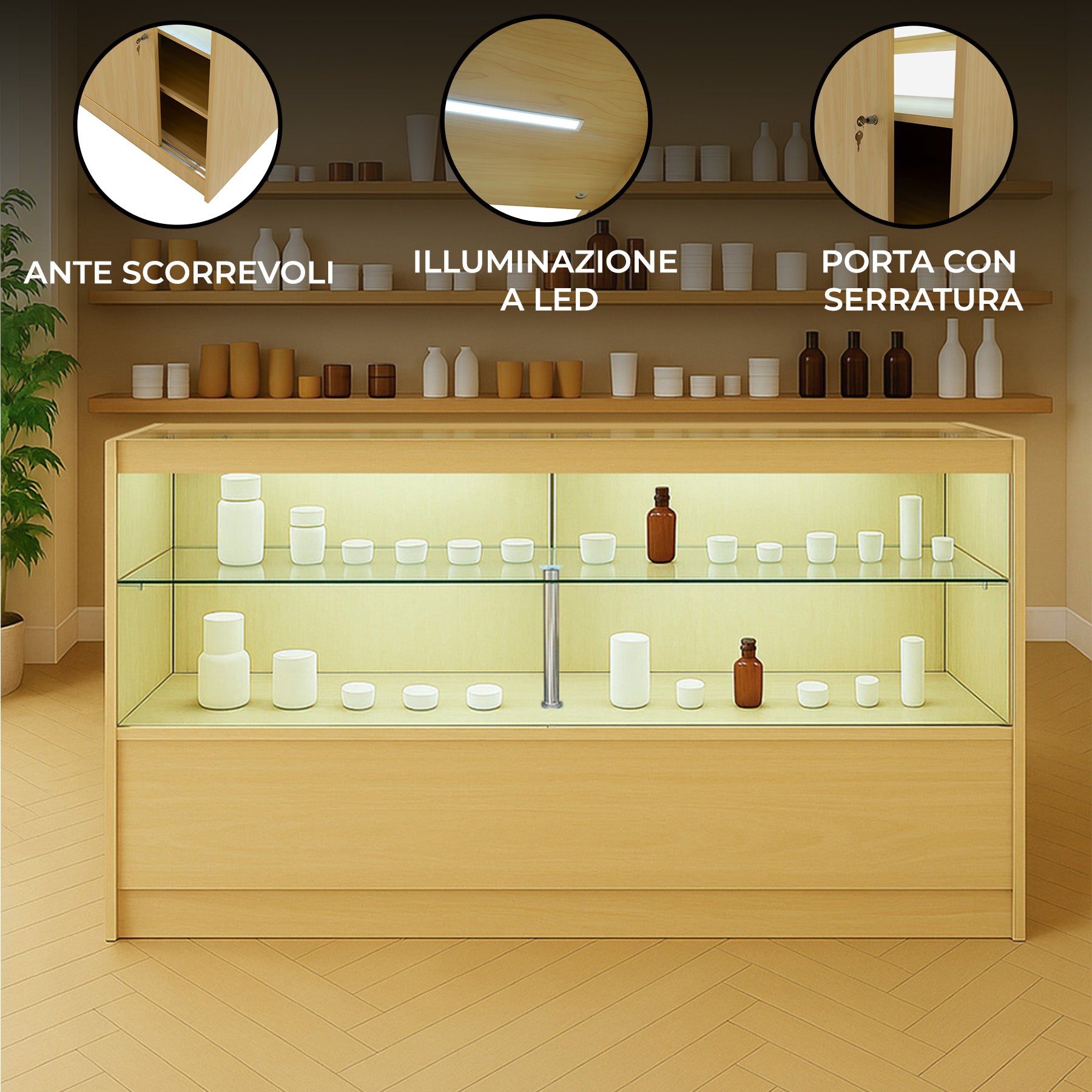 Q-Rax C1500 Bancone Negozio LED Acero con Vetro