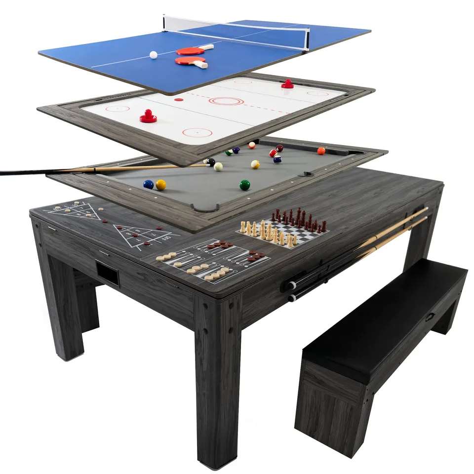 Q-Rax Tavolo Giochi 7-in-1 Tavolo Biliardo Grigio con Panche