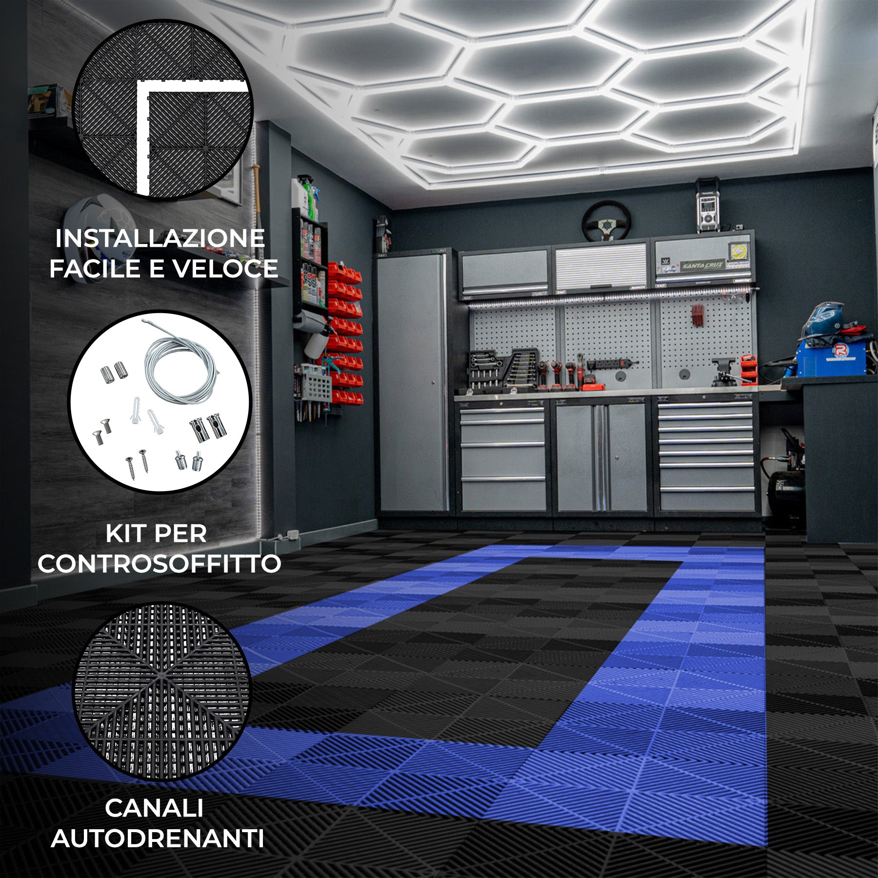 Q-Rax Piastrelle Pavimento Garage Nere Blu 36mq LED