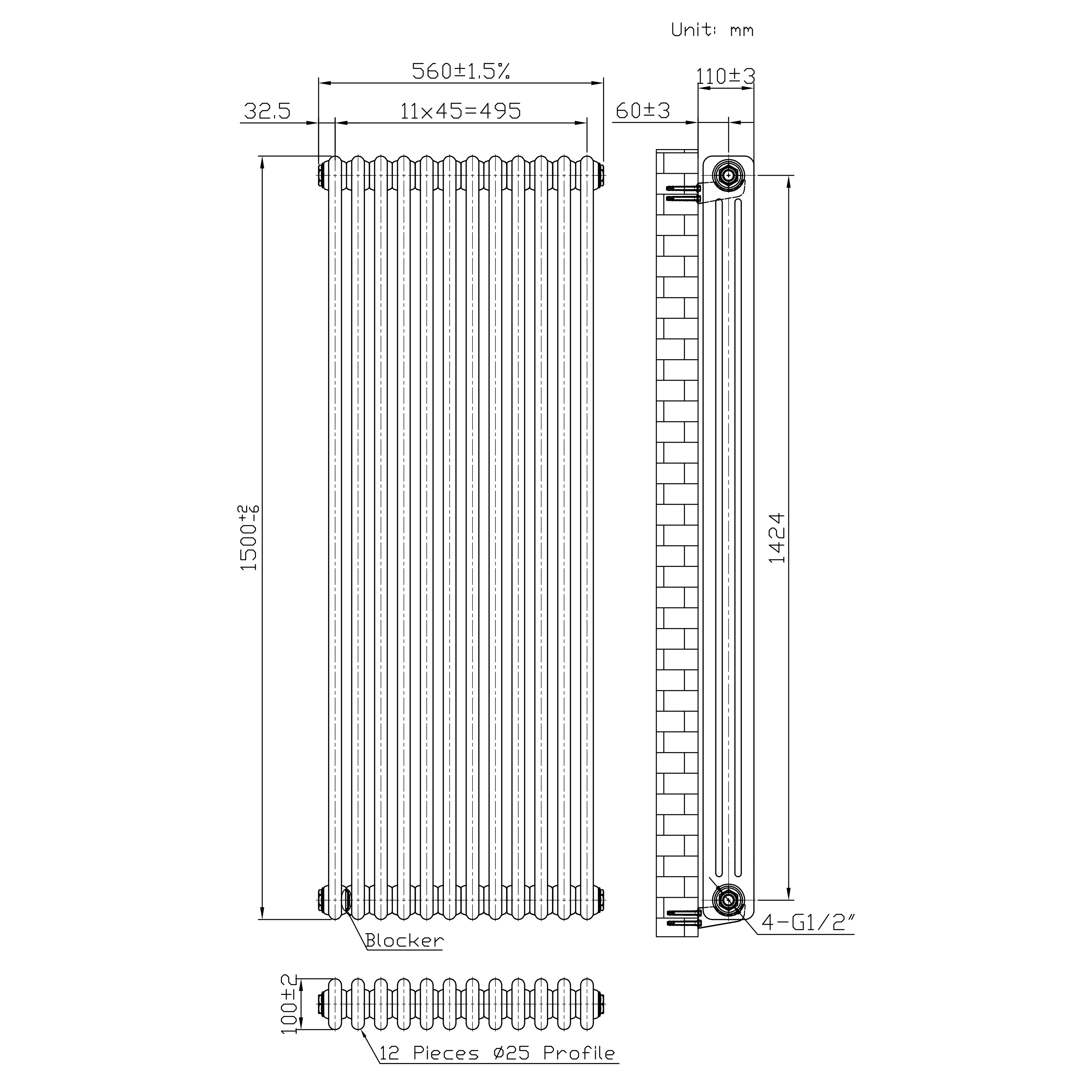 Q-Rax Radiatore Verticale 1500x560 Metallo Grezzo 3 Colonne