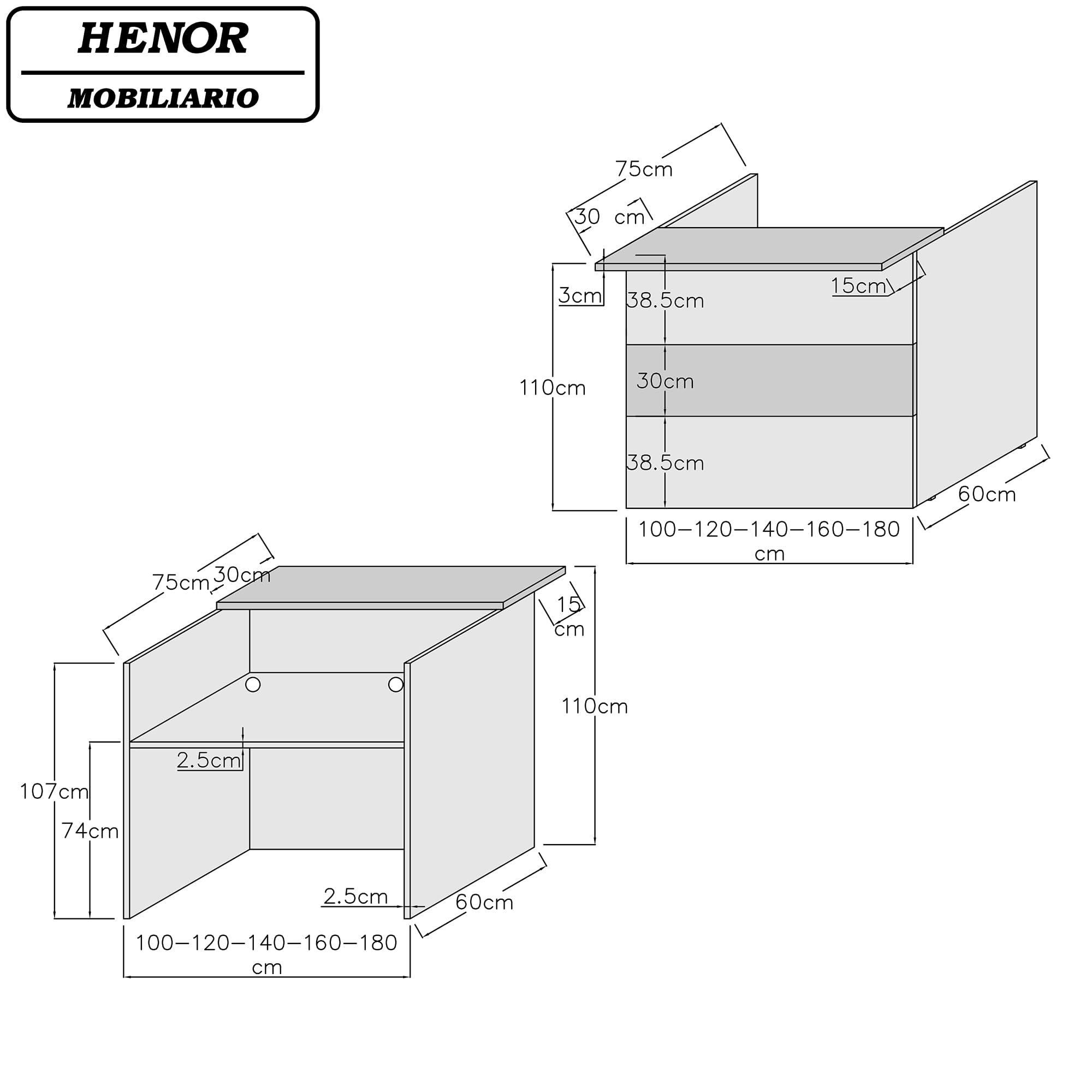 Henor Banchi Ebro Bancone Reception 180 cm Bianco Quercia