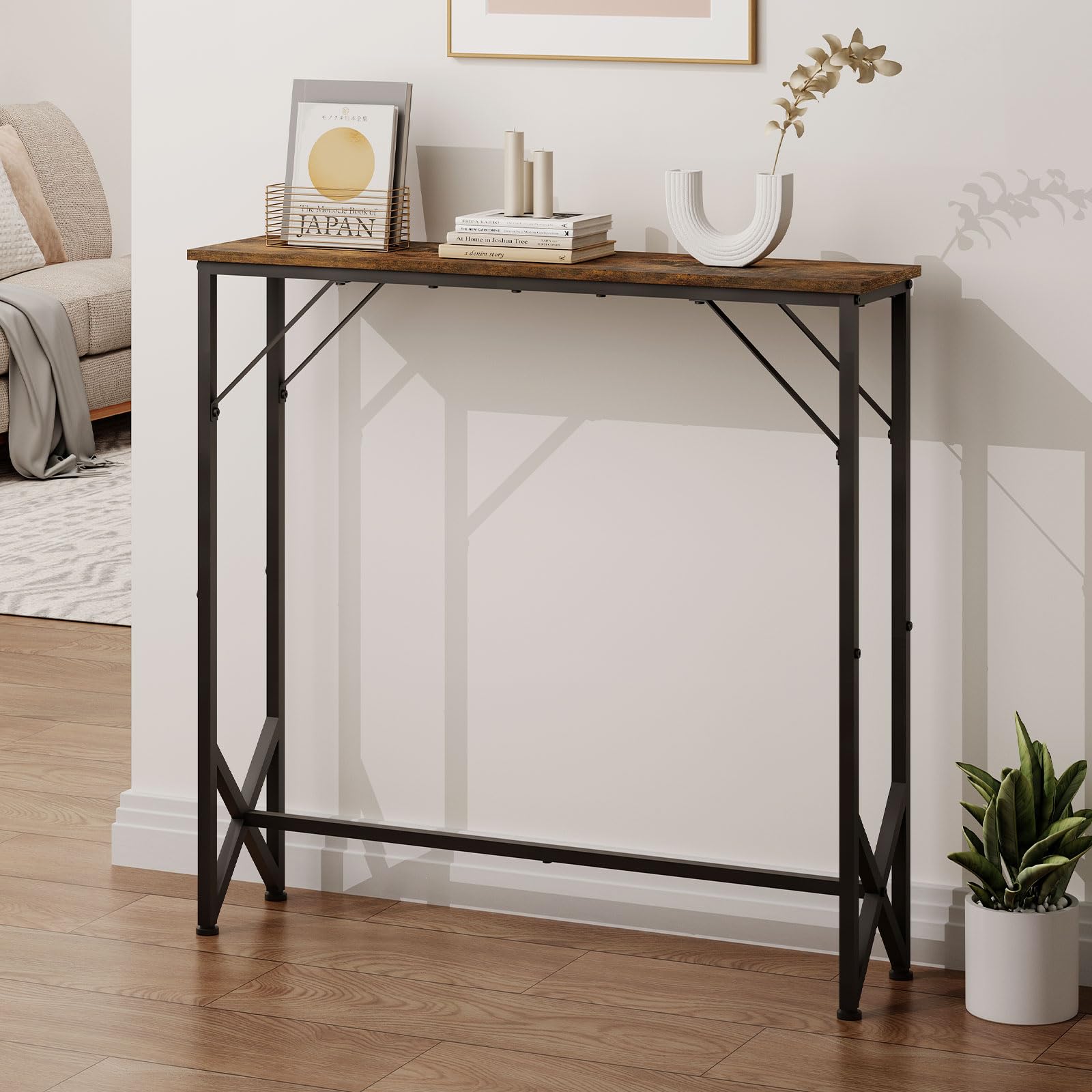 Meltrck Tavolo Consolle Vintage 80x20x80 Legno Metallo Sottile