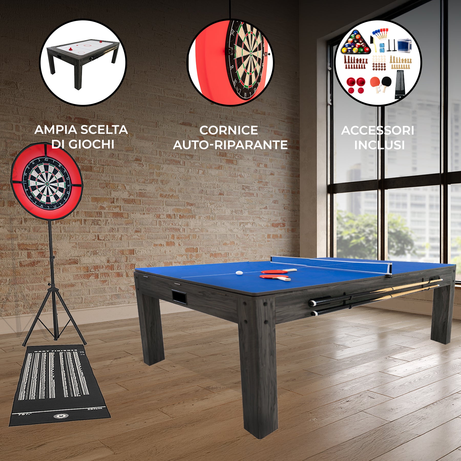 Q-Rax Tavolo Giochi 7-in-1 Grigio 213 cm con Freccette LED