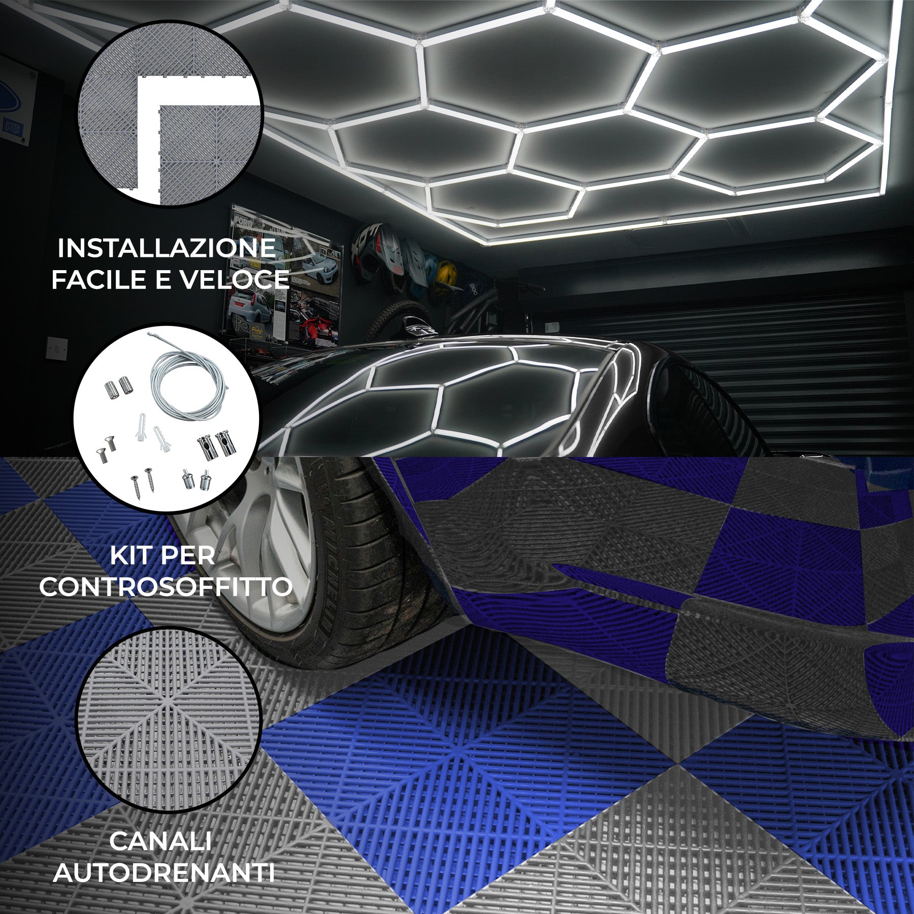 Q-Rax Piastrelle Ventilate 60+60 pavimento garage grigio blu con LED