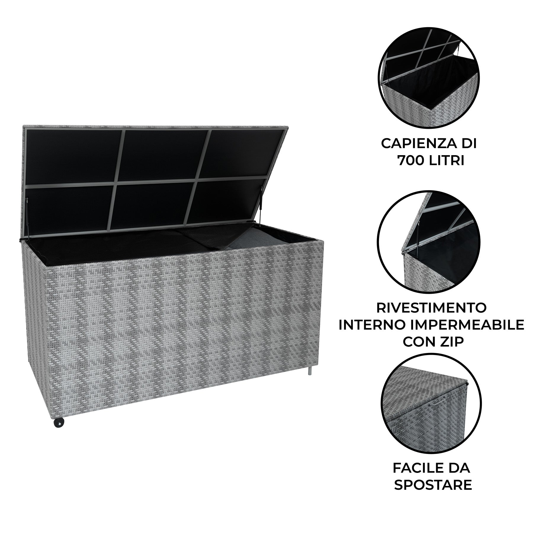 Q-Rax 700L baule rattan grigio cuscini esterno