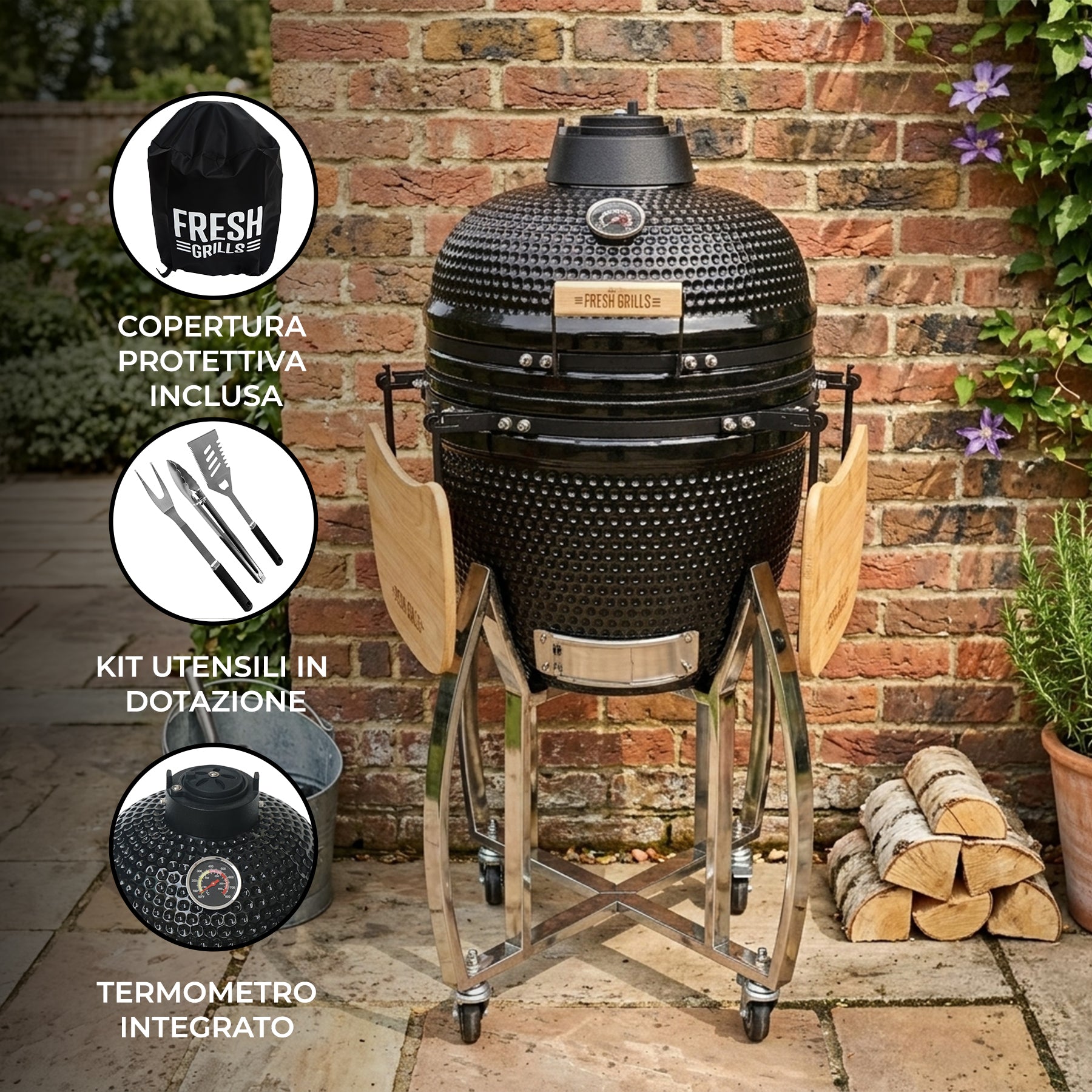 Q-Rax Kamado BBQ Grill 18" 46cm Barbecue Ceramica Nero