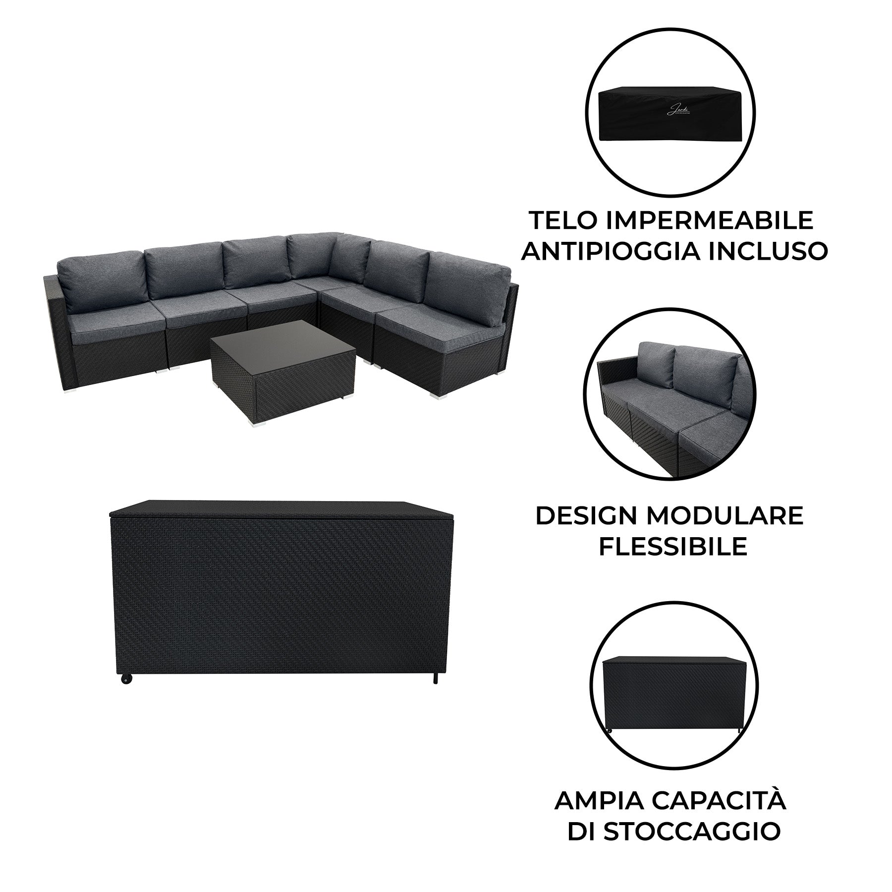 Q-Rax Mobili da Esterno set rattan 7 pezzi nero con baule