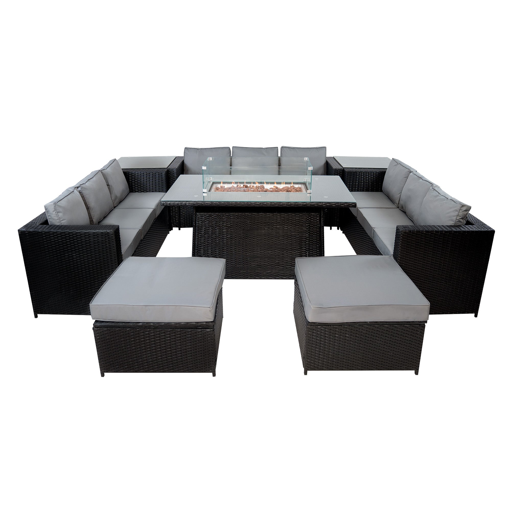 Q-Rax Set Giardino Rattan 11 Posti Tavolo Firepit Nero
