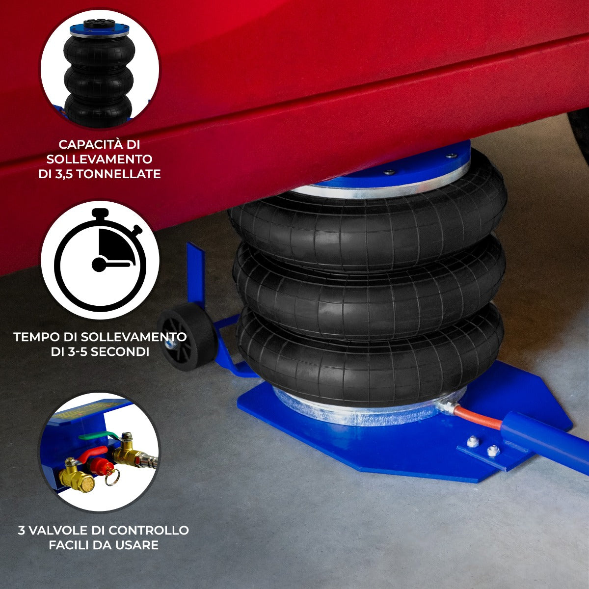 Q-Rax Cric Pneumatico Air Bag 3,5T Maniglia Lunga Portatile