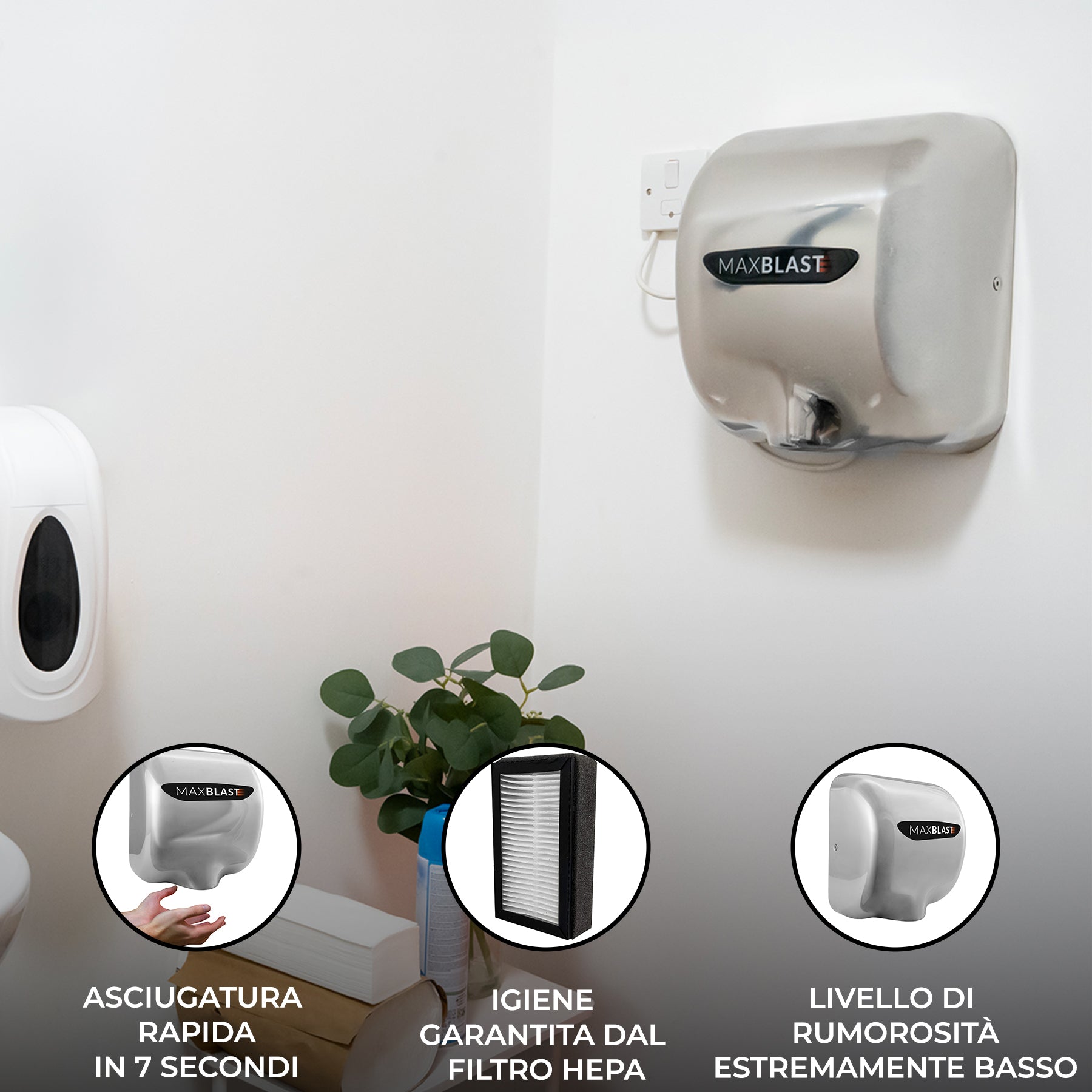 Q-Rax Maxblast Asciugamani Elettrico Automatico HEPA Inox
