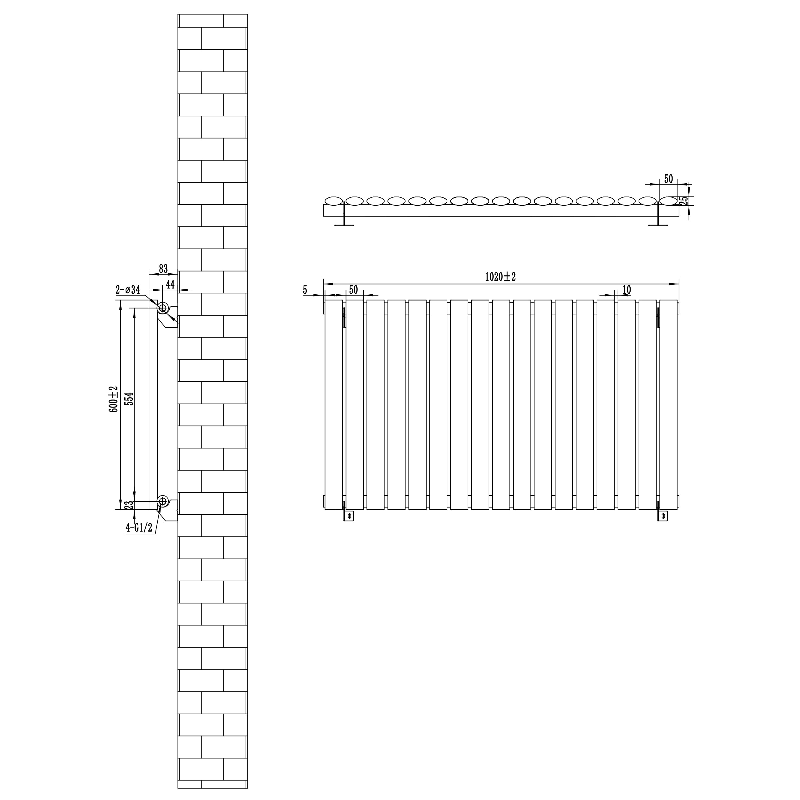 Q-Rax Radiatore Ovale Nero 600x1020 mm Valvole Incluse