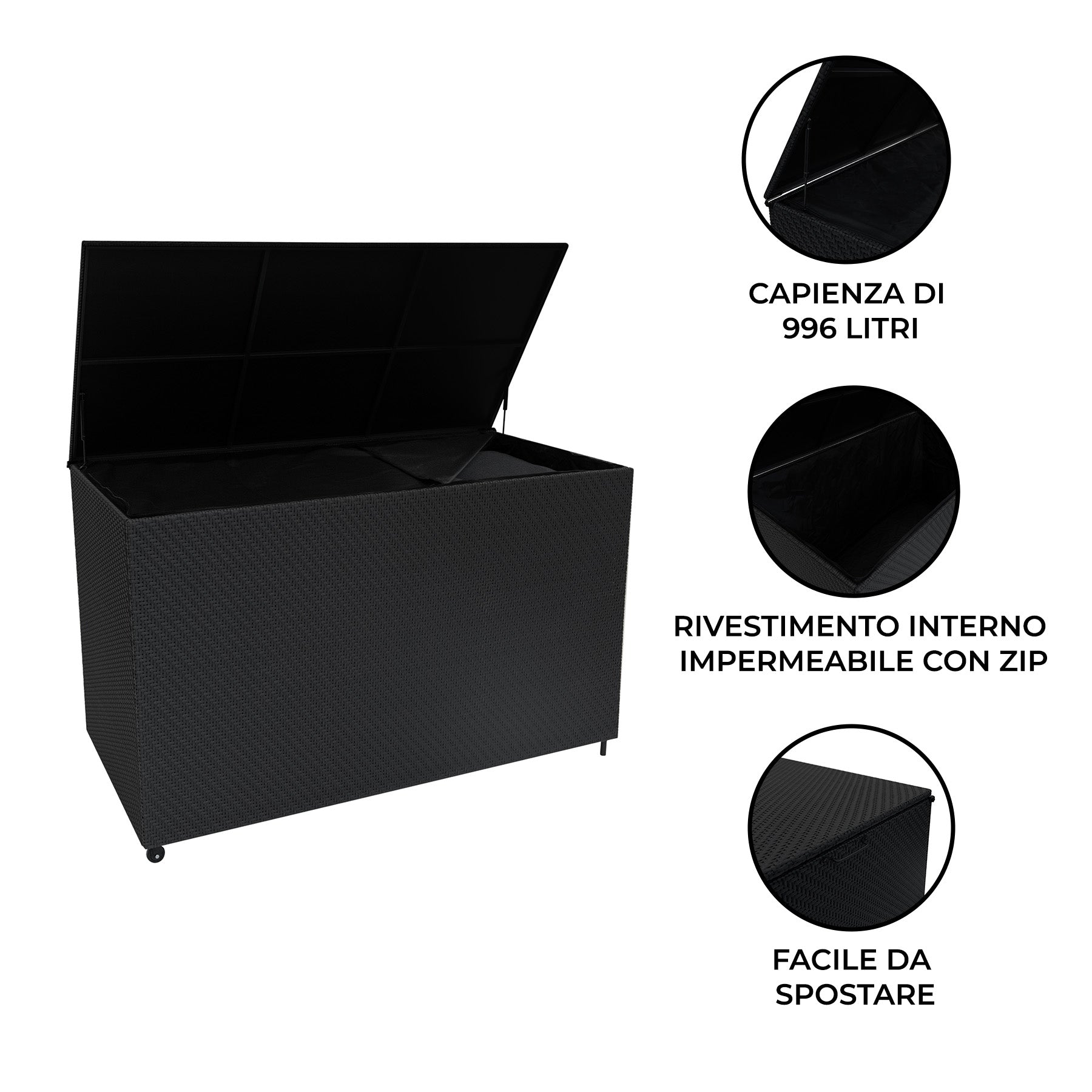 Q-Rax Serafina Baule Esterno Rattan Nero 996L con Ruote