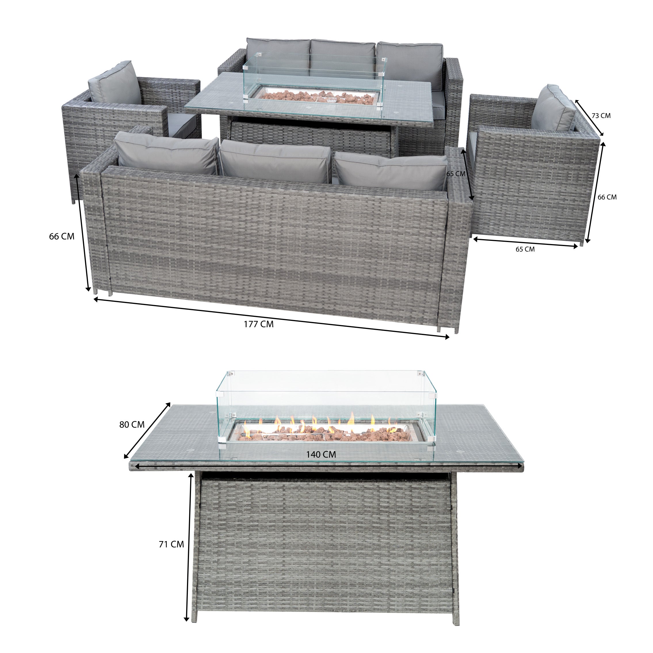 Q-Rax Set Mobili Giardino Rattan 8 Posti Firepit Grigio