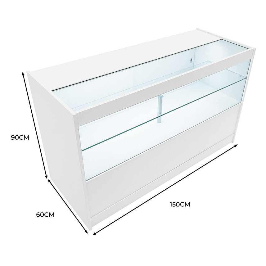 Q-Rax C1500 Bancone da Negozio LED Bianco Vetro 3 Ripiani Serratura