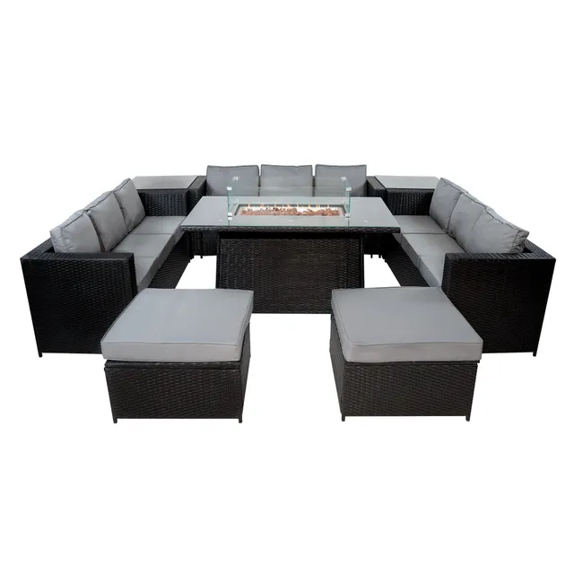Q-Rax Set Giardino Rattan 11 Posti Tavolo Firepit Nero