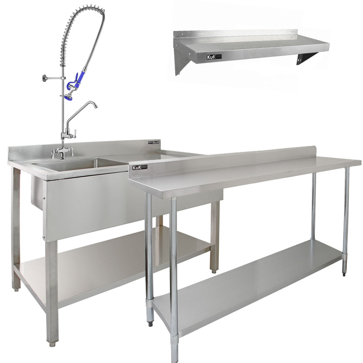 Q-Rax Ristorazione Lavello Inox 180cm Sgocciolatoio + Mensole 125cm