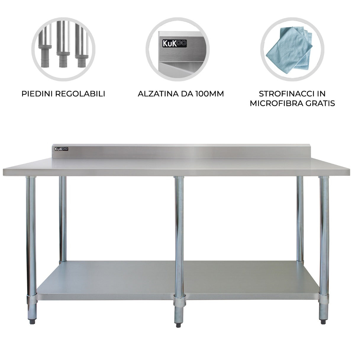 Q-Rax Tavolo Inox Cucina 210x60x90 cm 250 Kg con Alzatina