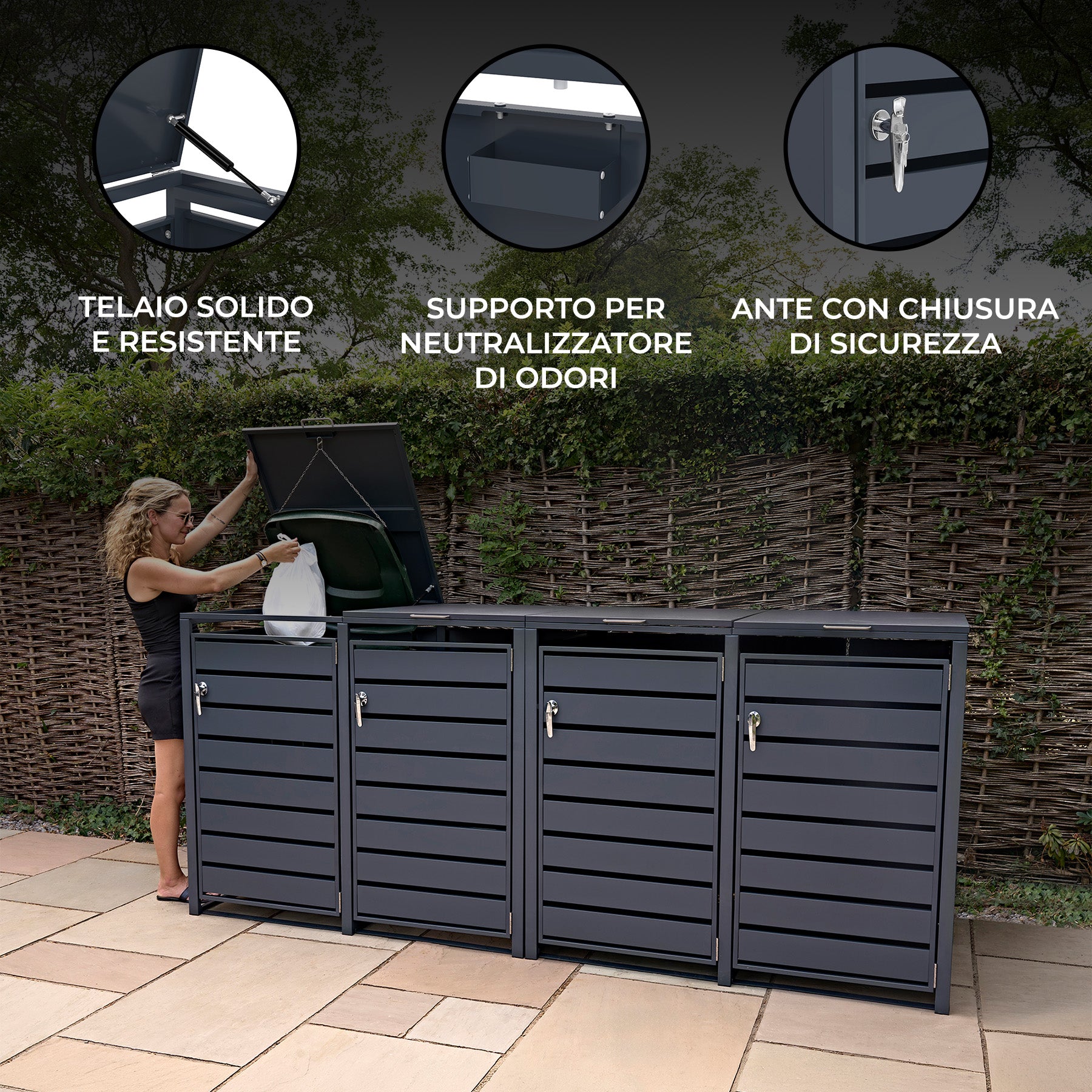 Q-Rax Copertura Bidoni in Metallo Antracite 4x240L