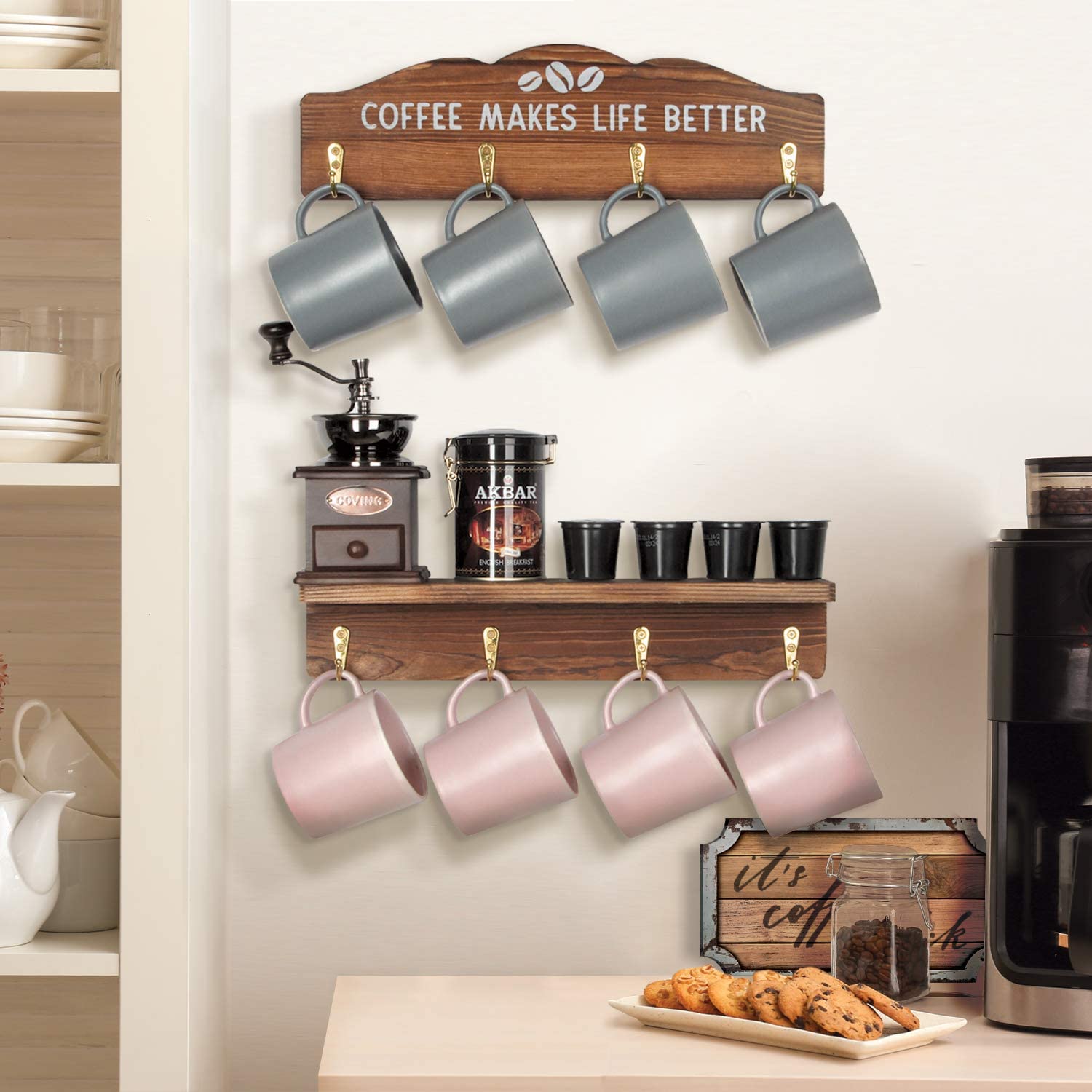 Jackcube Design Kitchen Portatazze Parete Legno Set 2 Pezzi 8 Ganci