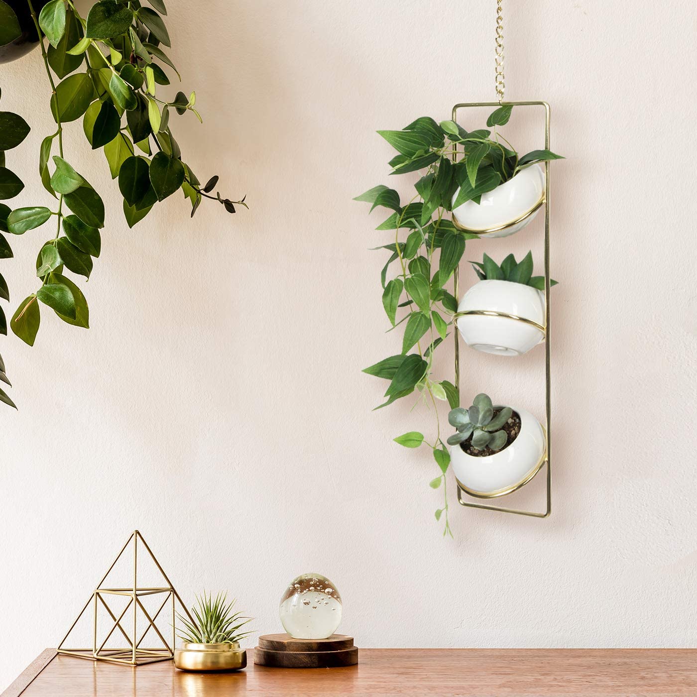 Jackcube Design Plant Set 3 Vasi Sospesi Ceramica Bianca Oro Parete