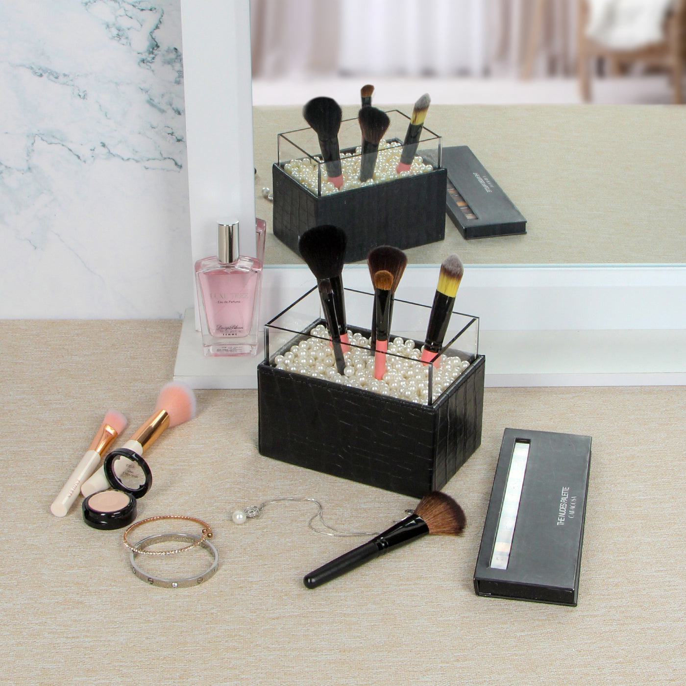 Jackcube Makeup Portapennelli Nero Pelle Perle Bianche