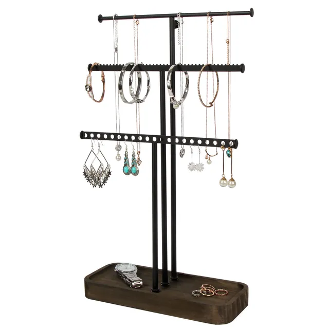 Jackcube Design Albero Portagioie Metallo Nero con Vassoio Legno