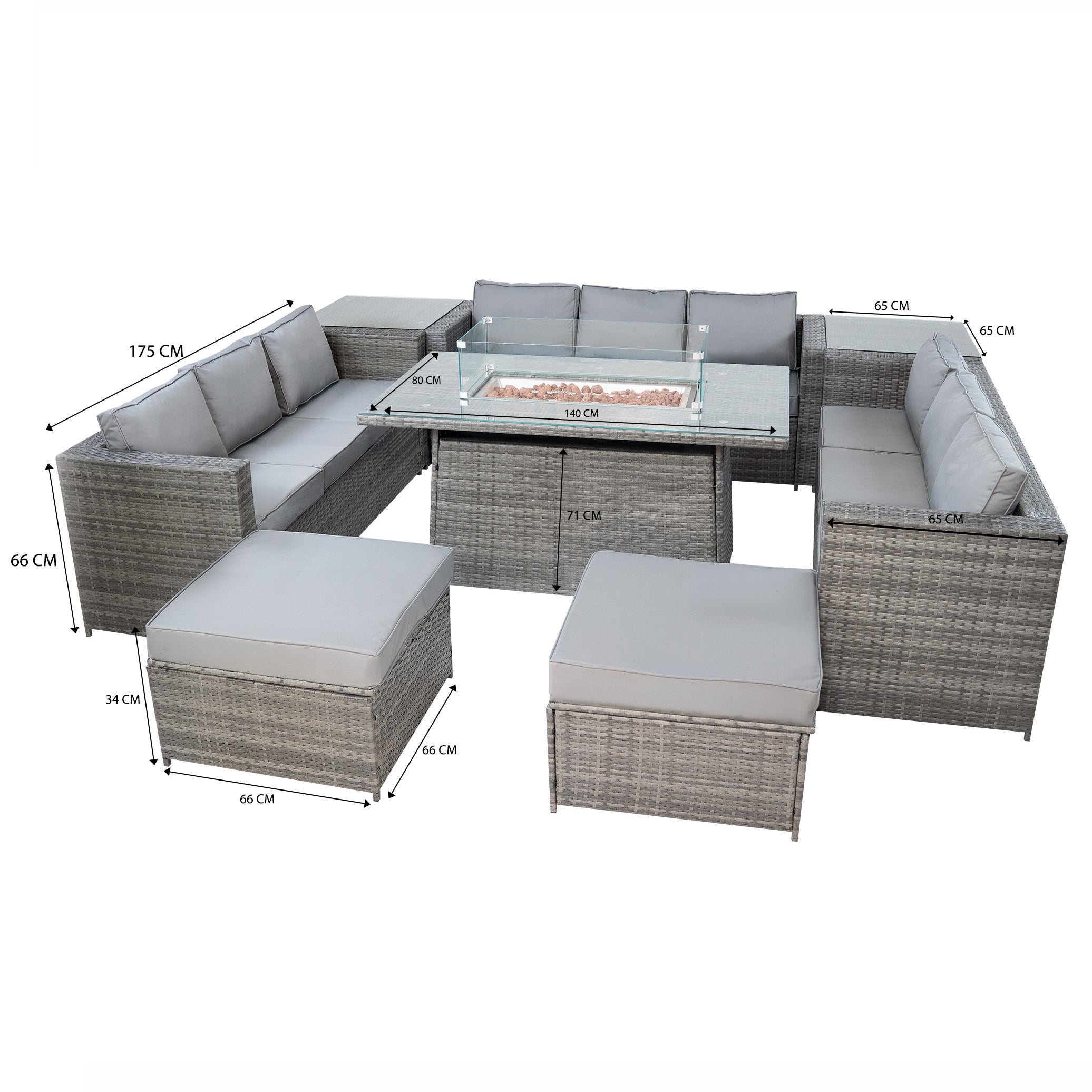 Q-Rax Set Mobili Giardino Rattan 11 Posti Grigio con Tavolo Firepit