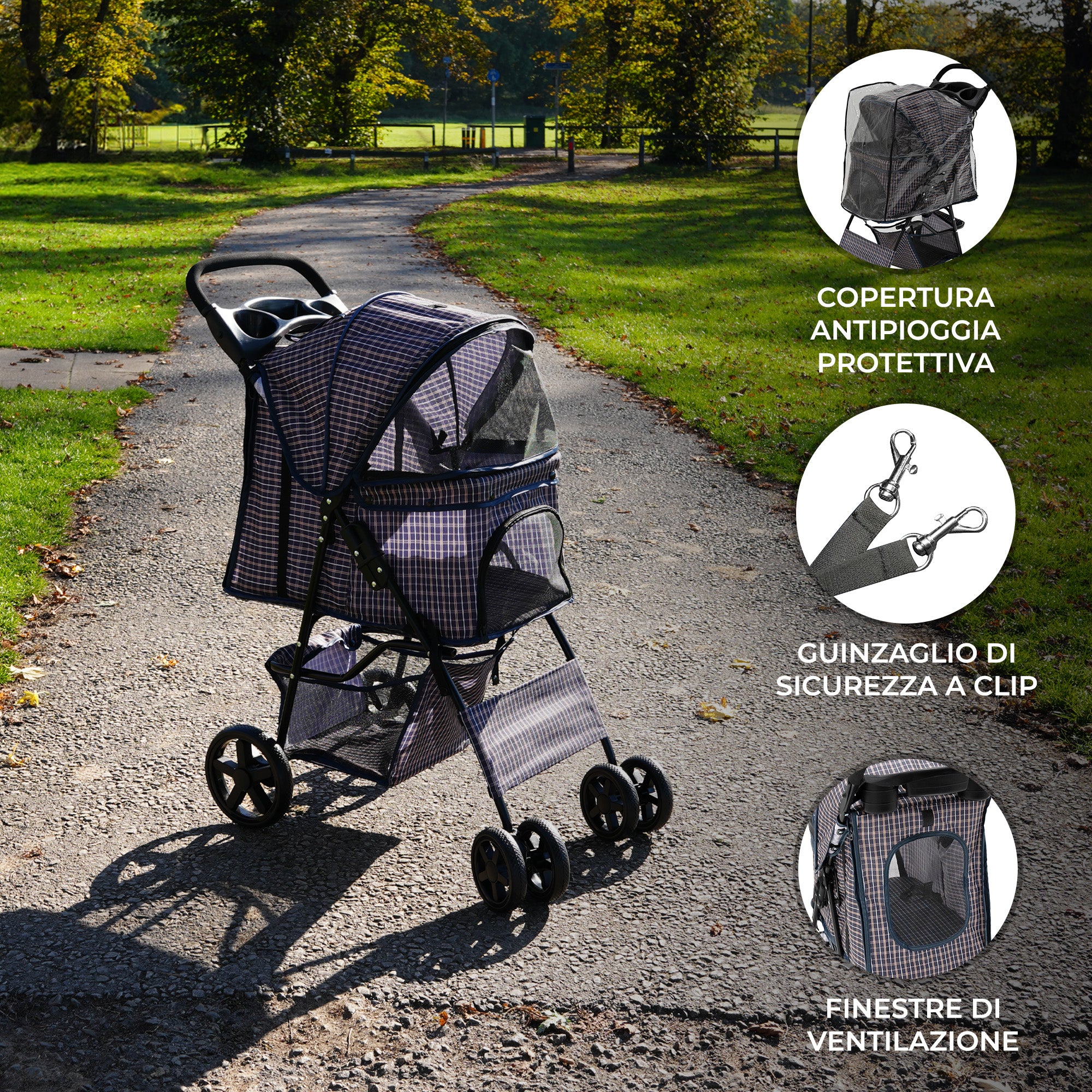 Q-Rax Accessori Casa Passeggino Cani Blu Tartan Antipioggia