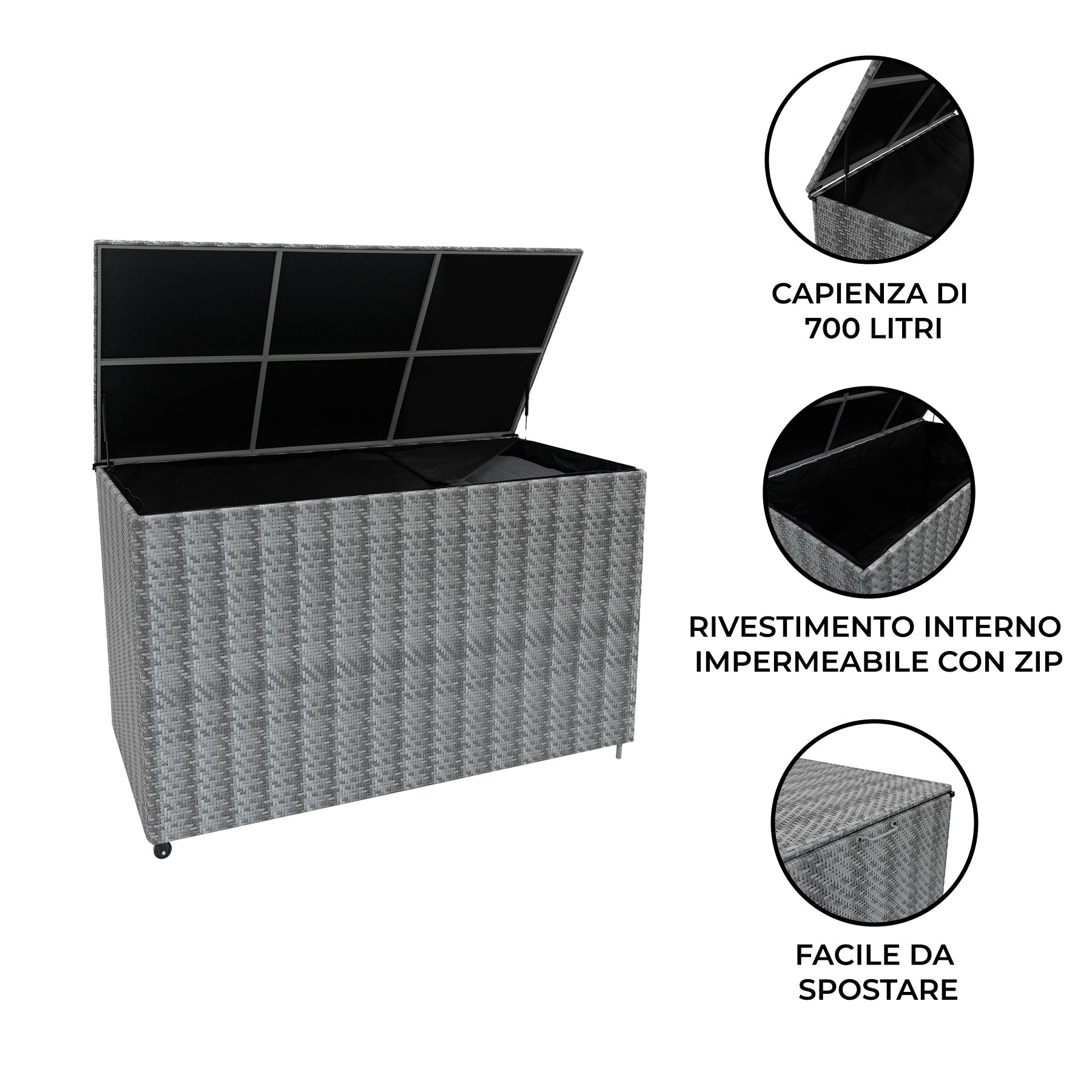 Q-Rax Baule Rattan Grigio 996L da Esterno Impermeabile