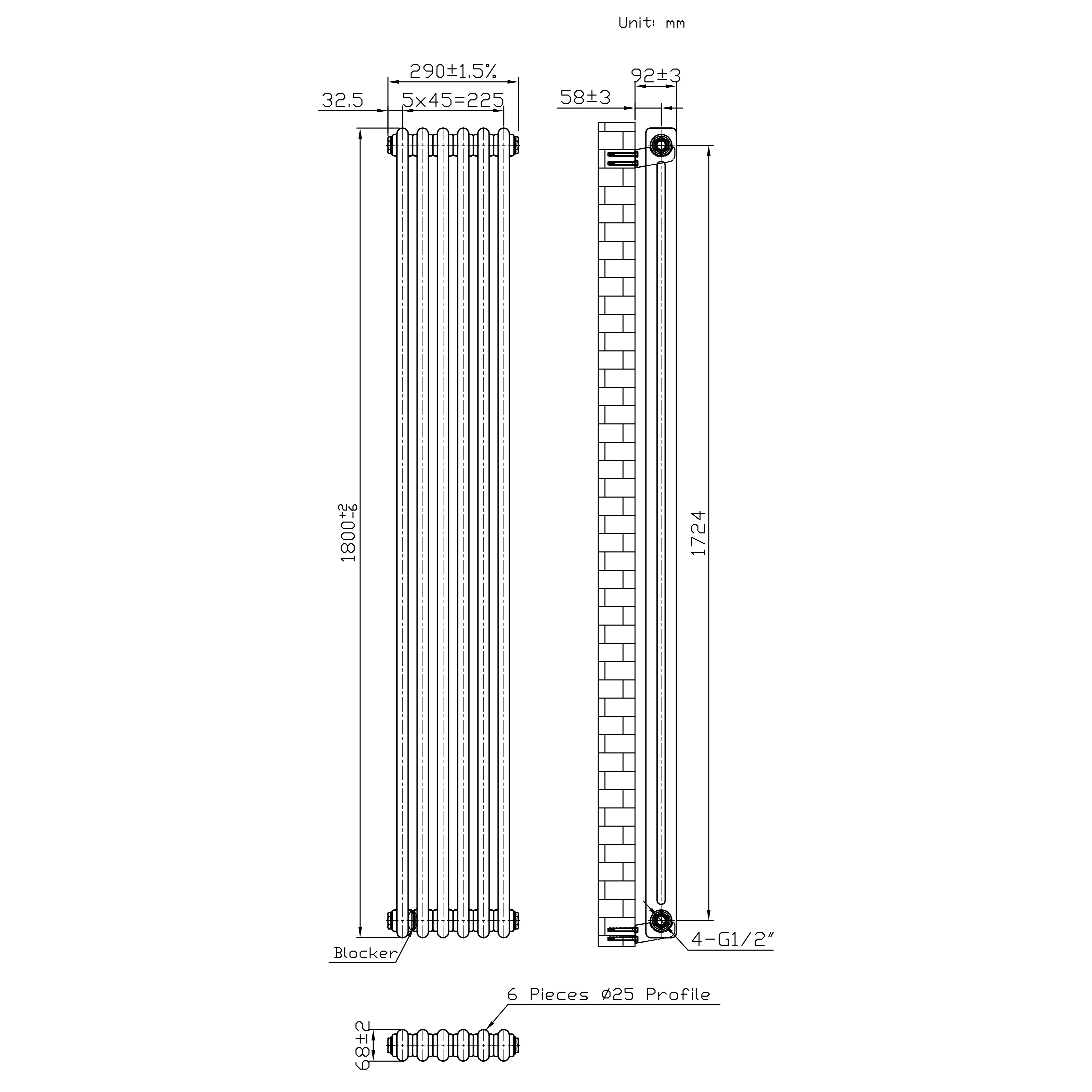 Q-Rax Radiatore 2 Colonne 1800x290 mm Termosifone Grezzo