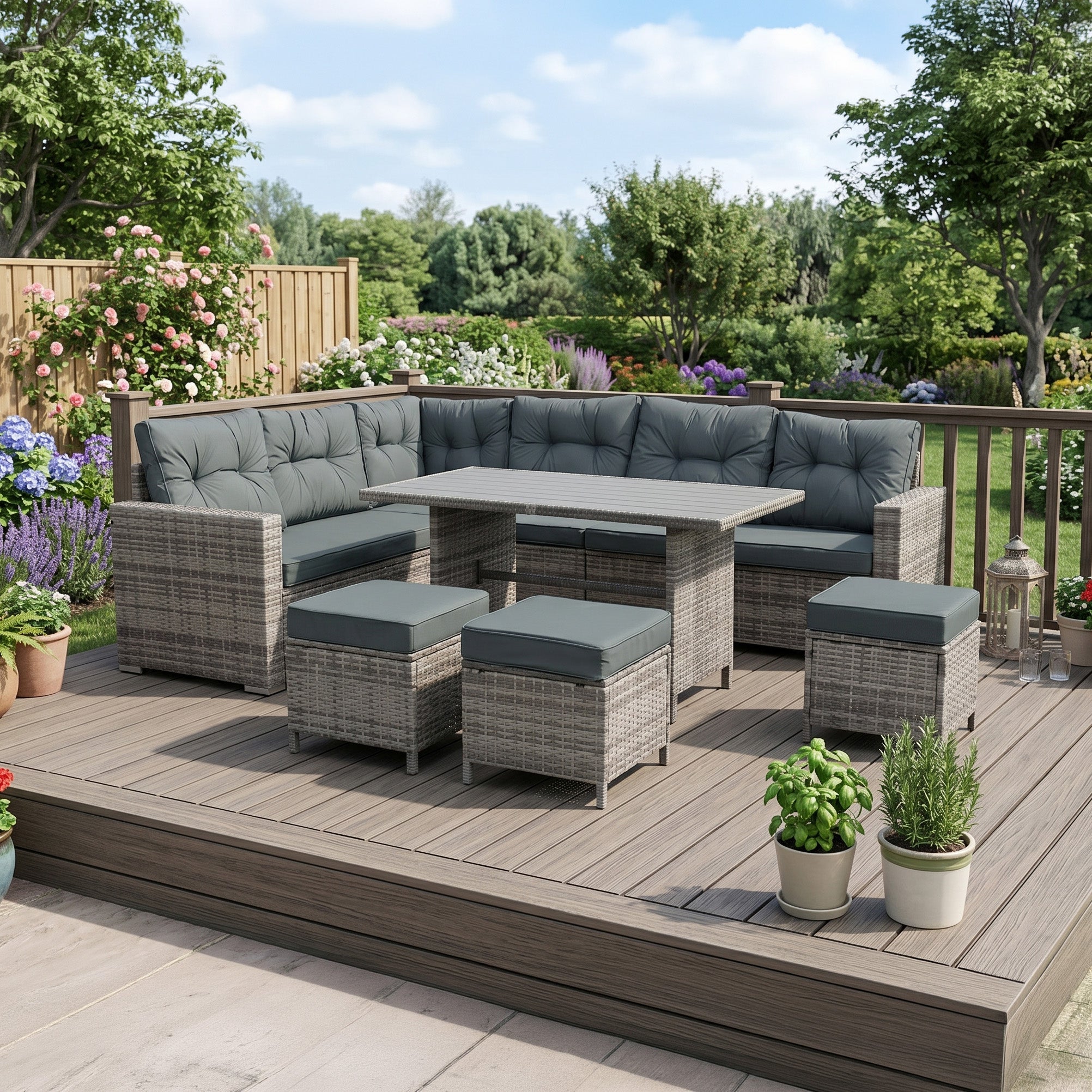 Q-Rax Set Angolare Rattan 9 Posti Grigio Tavolo Polywood