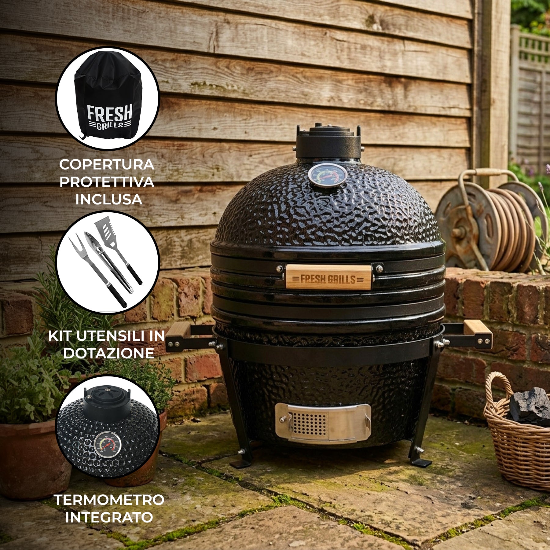 Q-Rax Kamado 16" Barbecue in Ceramica 40,6 cm Nero