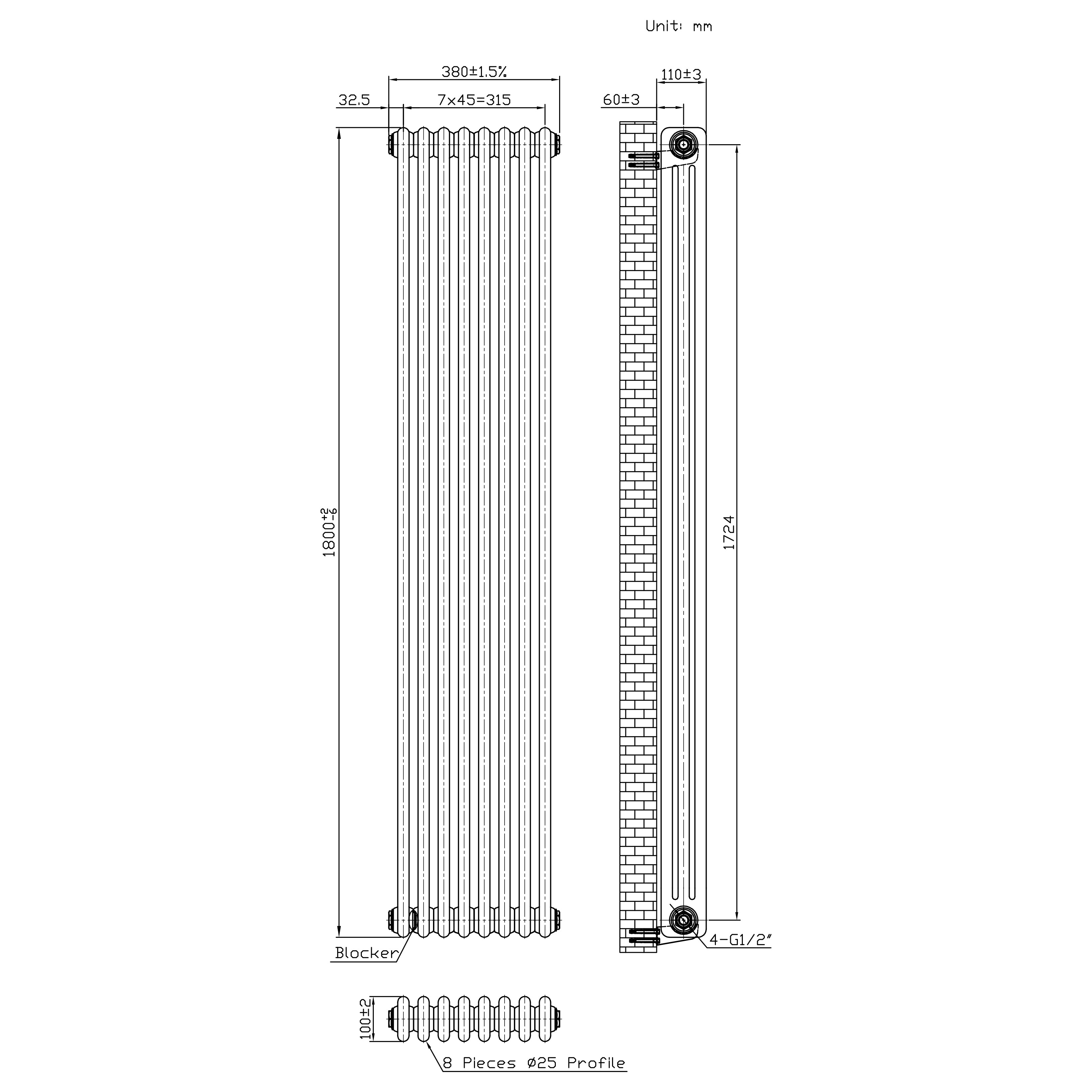 Q-Rax Radiatore Tradizionale 3 colonne 1800x380 metallo