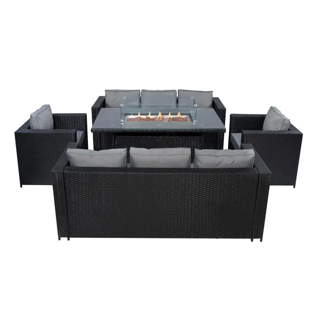 Q-Rax Set Giardino Rattan 8 Posti Tavolo Firepit Nero