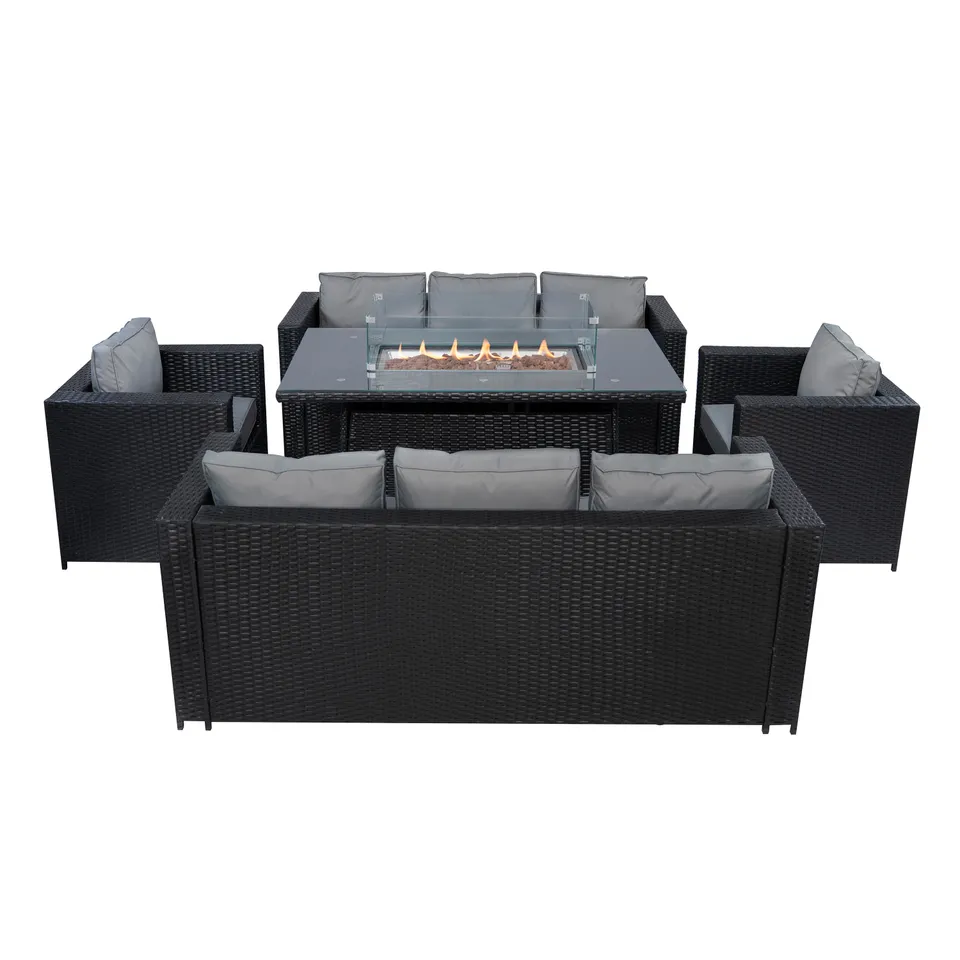 Q-Rax Set Giardino Rattan 8 Posti Tavolo Firepit Nero