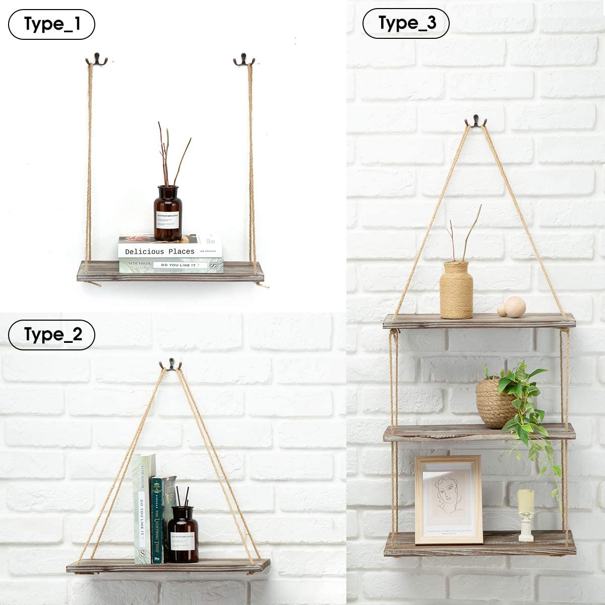 Jackcube Design Living Room mensole sospese corda set 2 legno