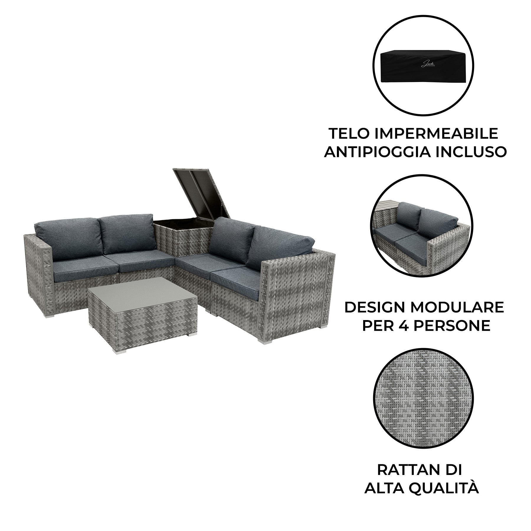 Q-Rax Mobili Esterno Set Giardino 6 Pezzi Rattan Grigio Baule