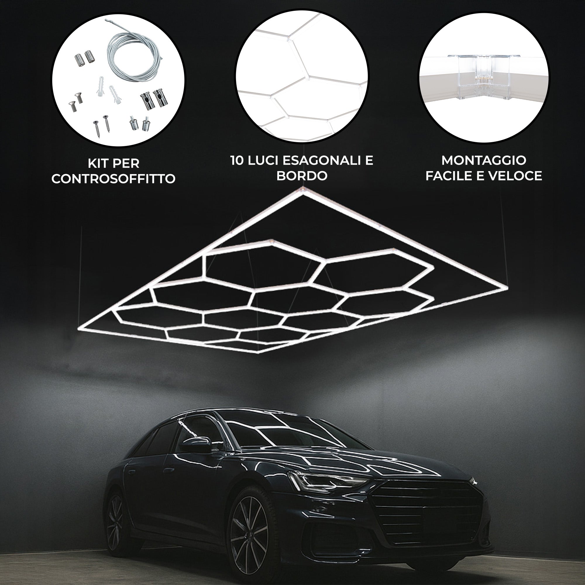 Q-Rax Sistema LED Esagonale x10 luce 6000K con cornice