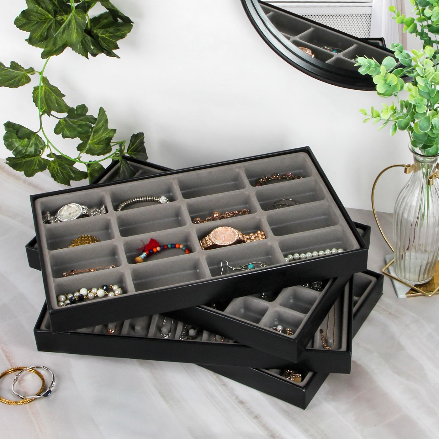 Jackcube Design Vassoi Portagioie Pelle Nera Set 4 Pezzi Impilabili