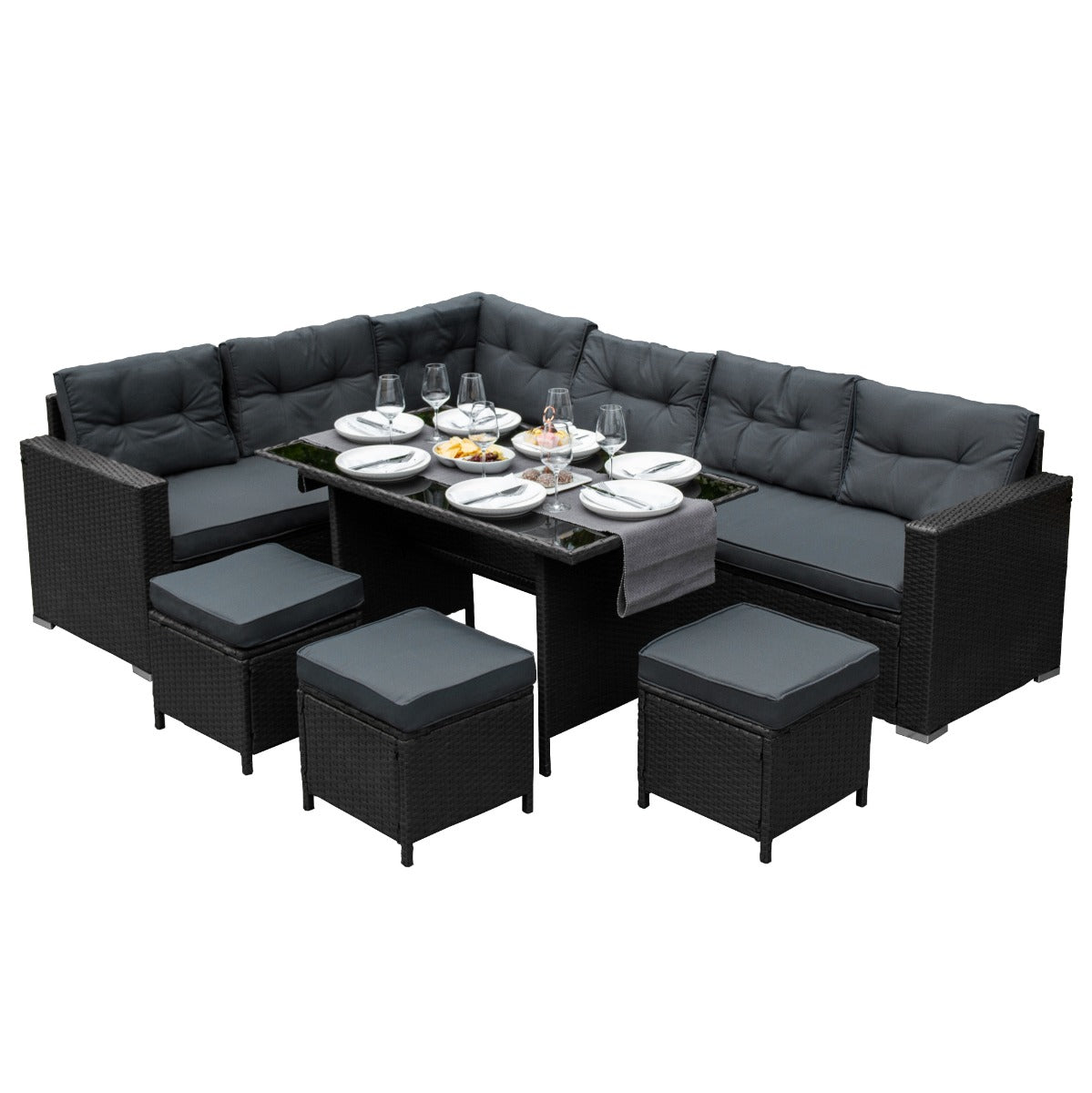 Q-Rax Set Rattan Angolare Nero 9 Posti Tavolo Vetro
